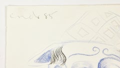 George Condo, 1985. Dessin original au crayon de couleur sur papier, signé