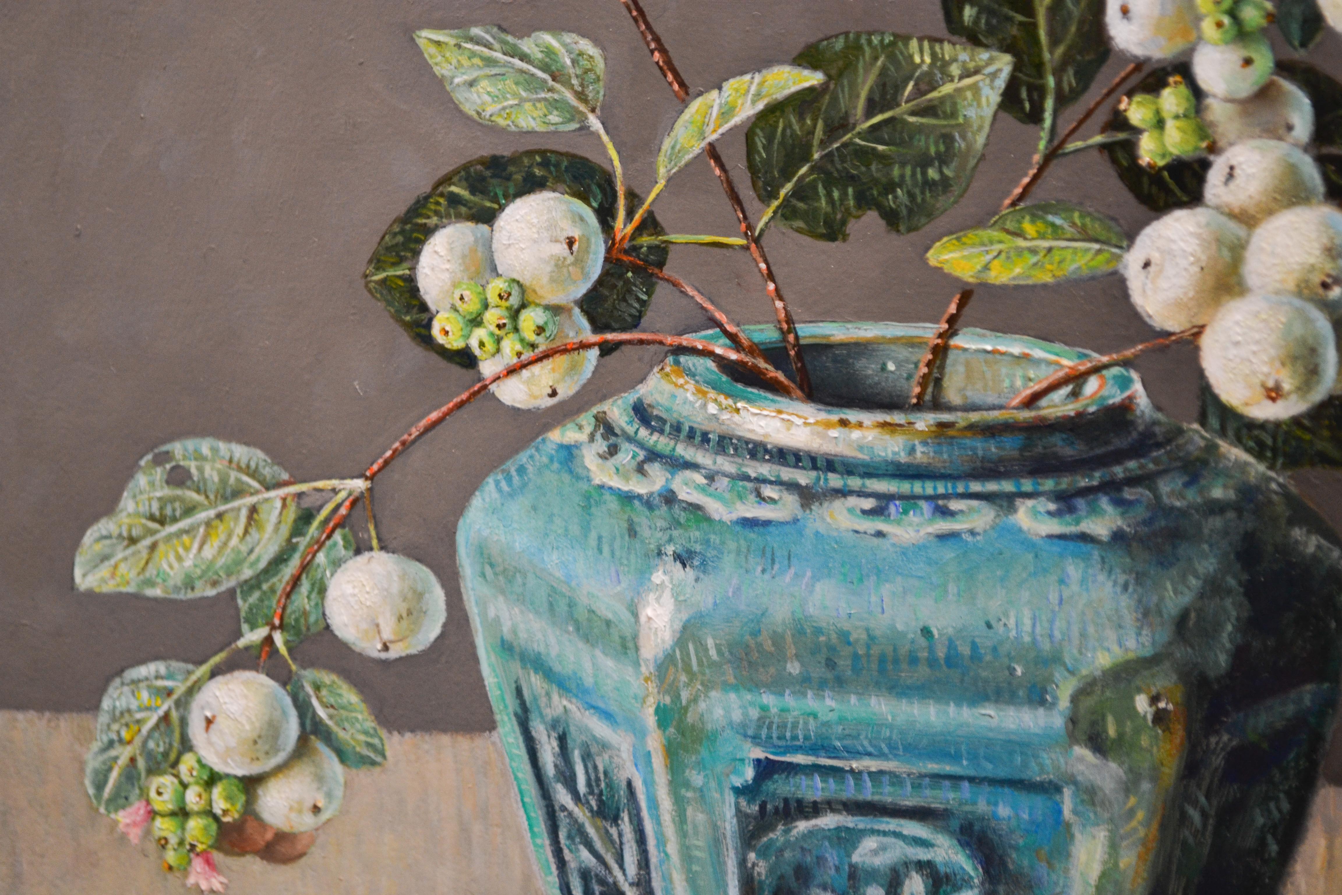 Snowberries in Green Ginger Jar, Ingrid Smuling, 21st Century Contemporary 2