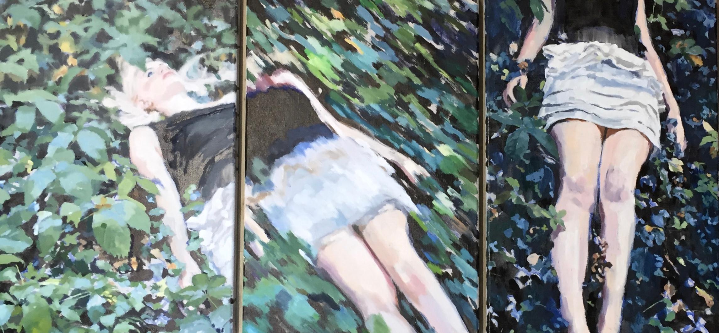 Eric Schutte Figurative Painting - Young girl lying in the grass-21st Century Contemporary Triptych Figure Painting
