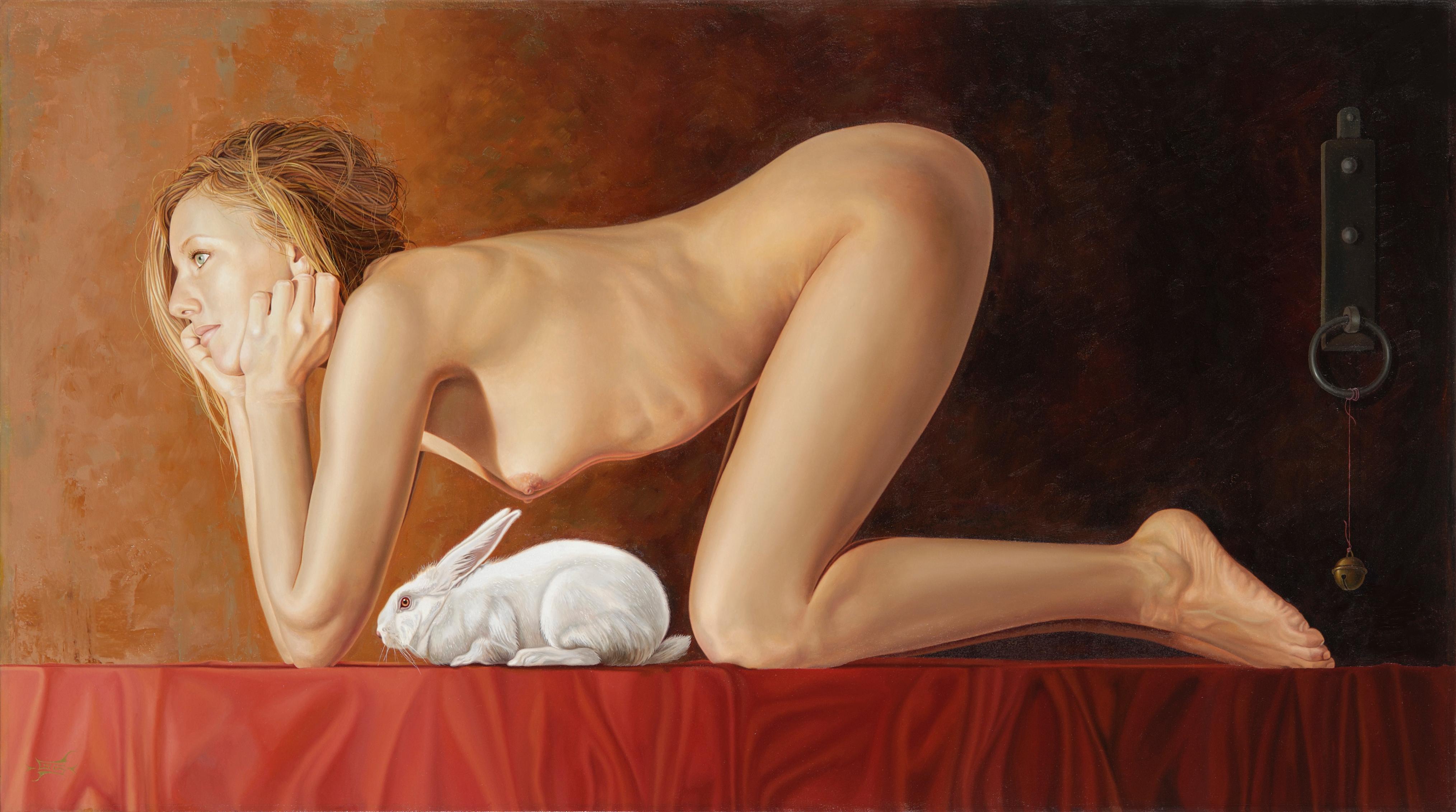 Gerard Schriemer Nude Painting – Kaninchen- Zeitgenössisches Gemälde eines nackten Mädchens mit weißem Kaninchen aus dem 21. Jahrhundert