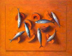 7 (sechs) Fische und eine Pumpkin Zeitgenössisches Stillleben des 21. Jahrhunderts