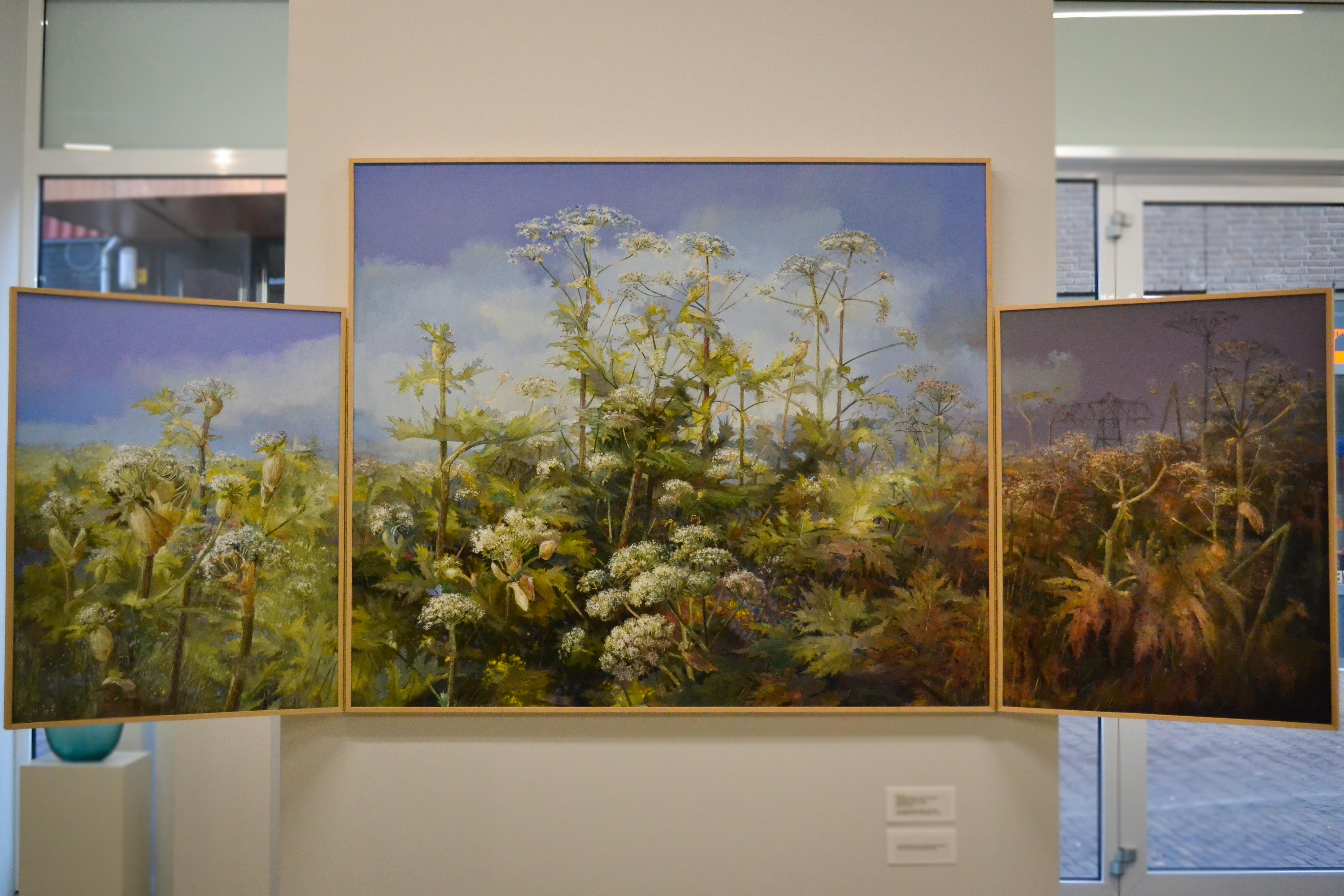 This beautiful oil painting by Dutch artist Rein Pol consists of 3 pieces, one centerpiece and two on the side. It displays the overgrowth of a giant hogweed, over a period of three seasons. The side pieces fold in, and the backs of those two pieces