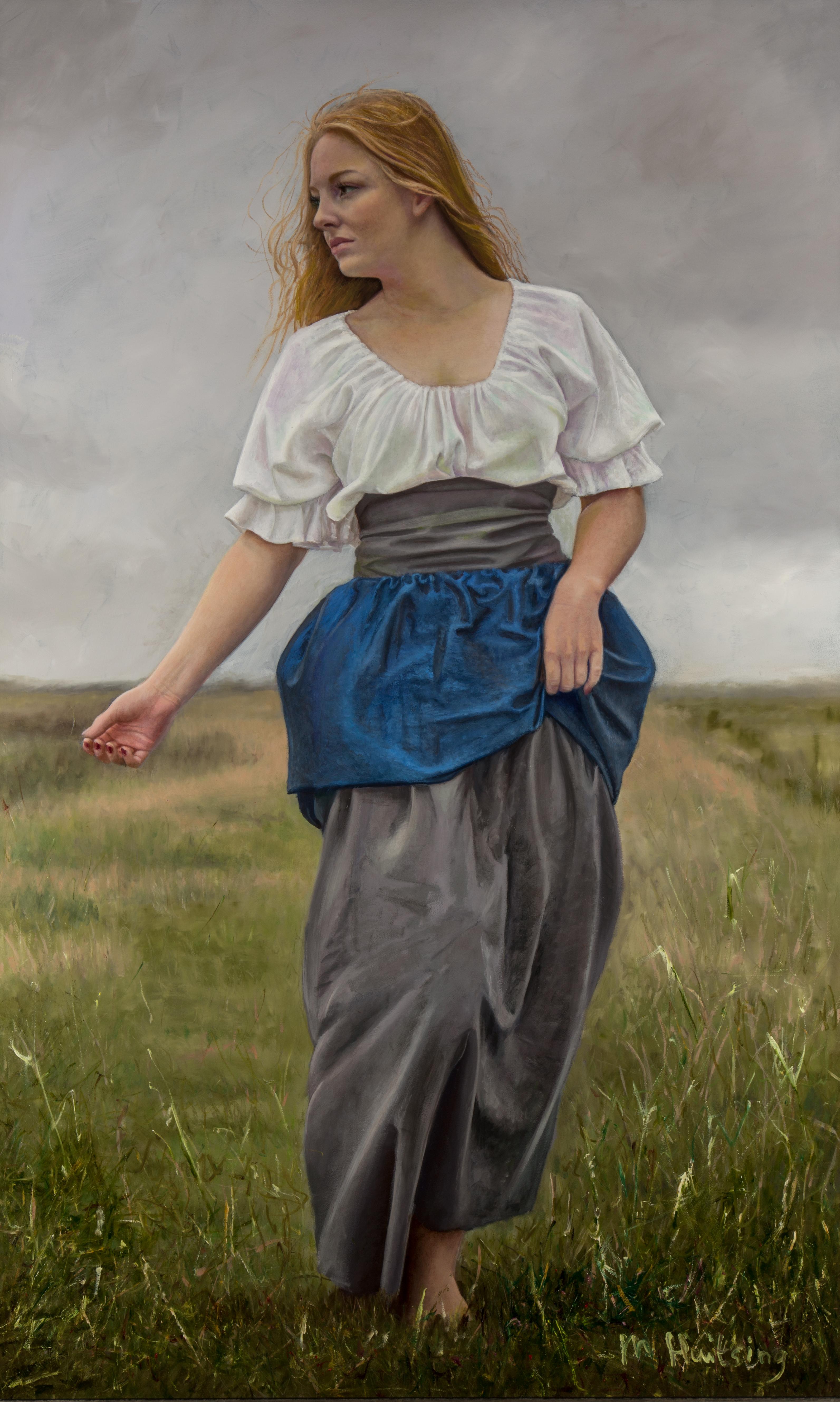 Marten Huitsing Figurative Painting - Arriva la Pioggia- 21st Century Contemporary Figure Painting of a Farmer's Wife