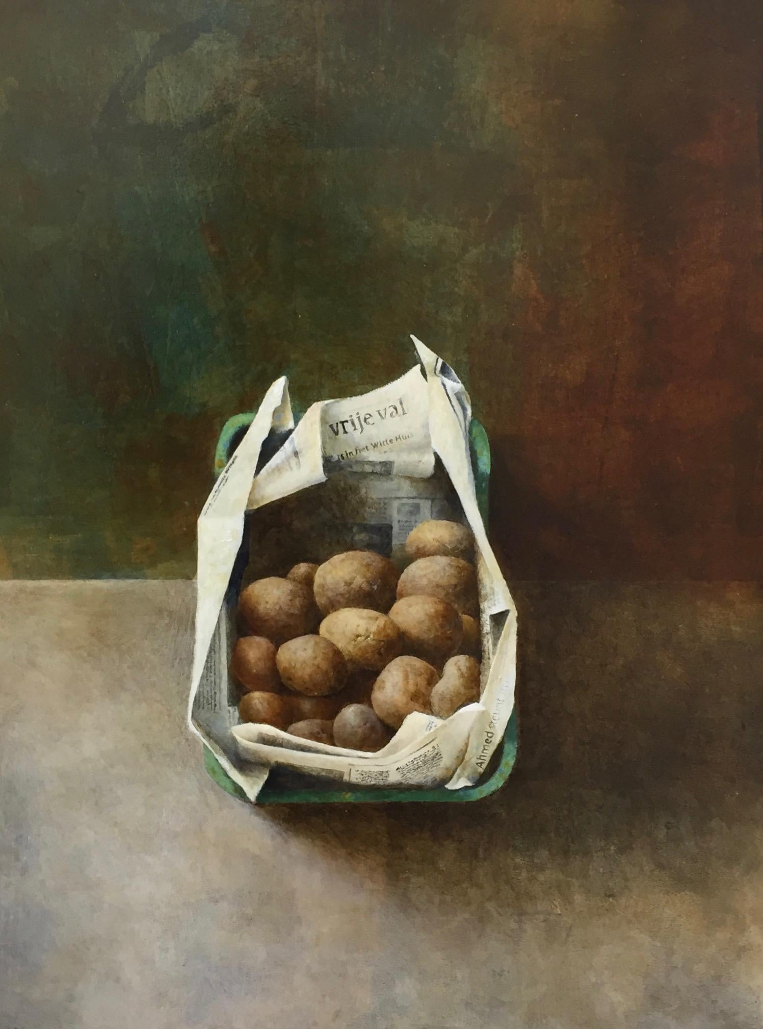 Erik Zwaga Figurative Painting - Casket with Potatoes-21 st Century Contemporary Still-life of Vegetables