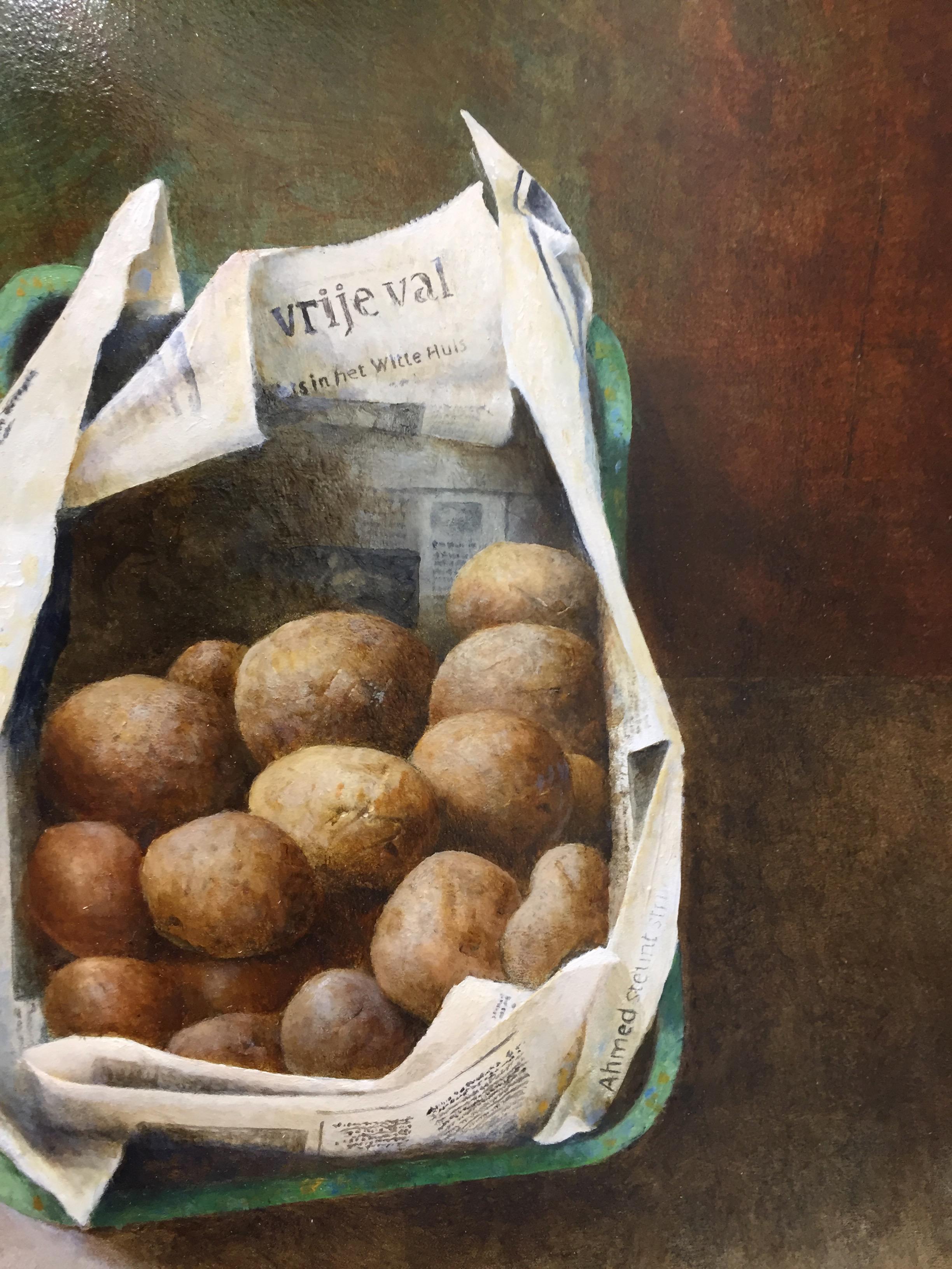 Casket with Potatoes-21 st Century Contemporary Still-life of Vegetables - Painting by Erik Zwaga