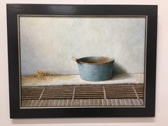 Contenedor metálico en un establo- Pintura contemporánea de bodegón del siglo XXI