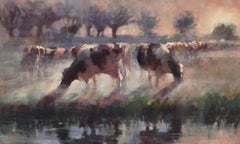 Used Cows in the Morning-21st Century Contemporary Dutch Landscape Painting