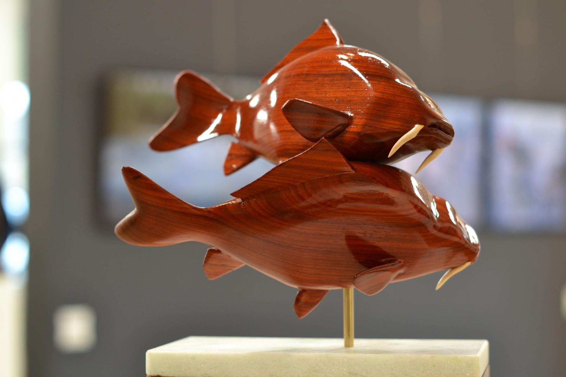 Jos de Wit Figurative Sculpture - Spawning Cypry -21st Century Contemporary Sculpture of fishes out of wood