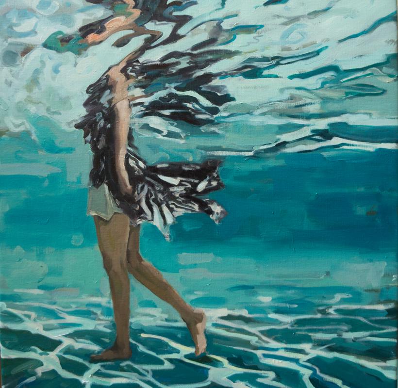 Jantien de Boer Landscape Painting - Ripples- 21st Century Contemporary Painting of a Girl Floating through the Water