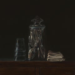 Cutlery in Jar- 21st Century Contemporary Realistic Still-life Painting 