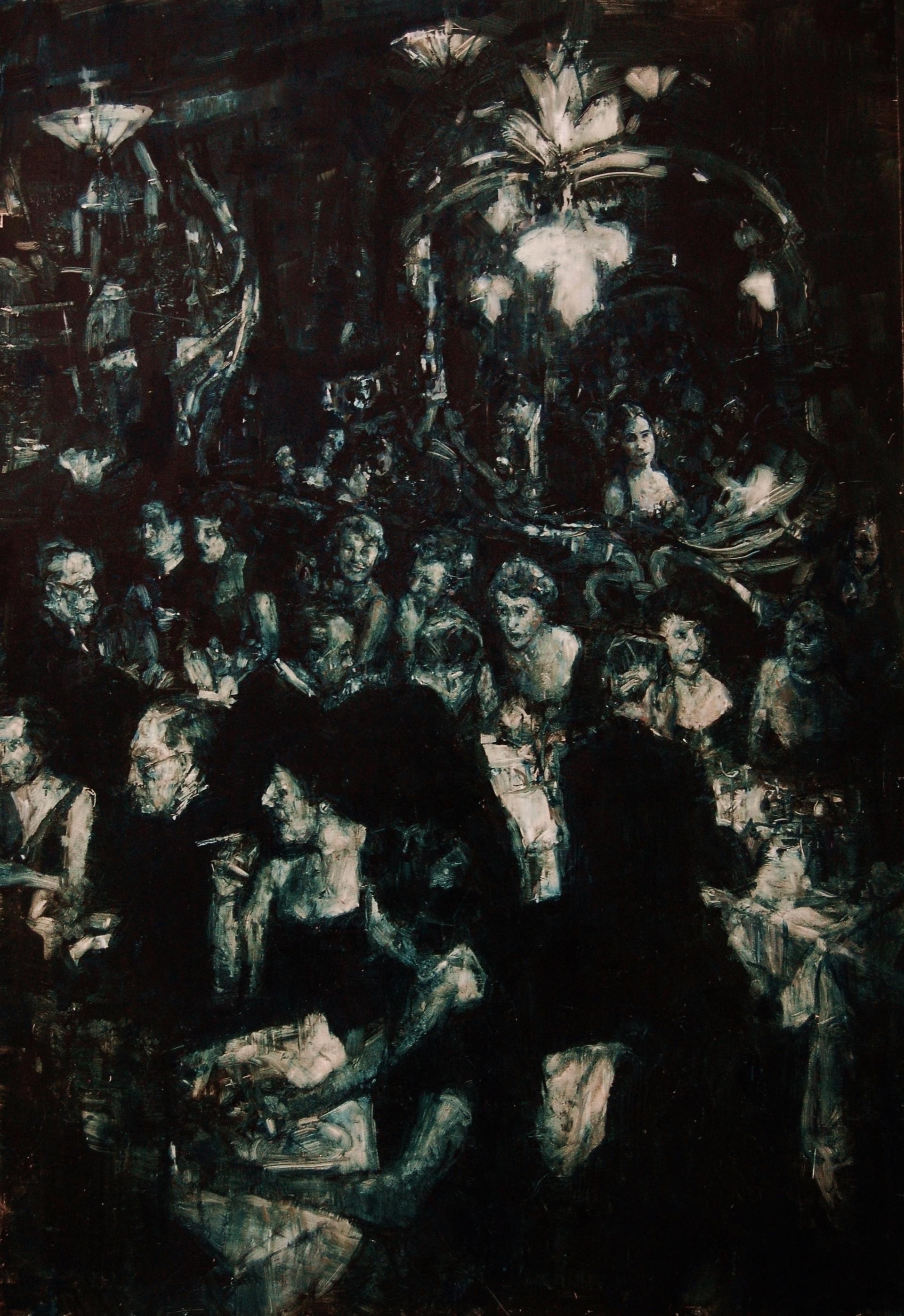 Figurative Painting di Hanneke Naterop - Gossip - Quadro contemporaneo del 21° secolo di persone che chiacchierano in una stanza