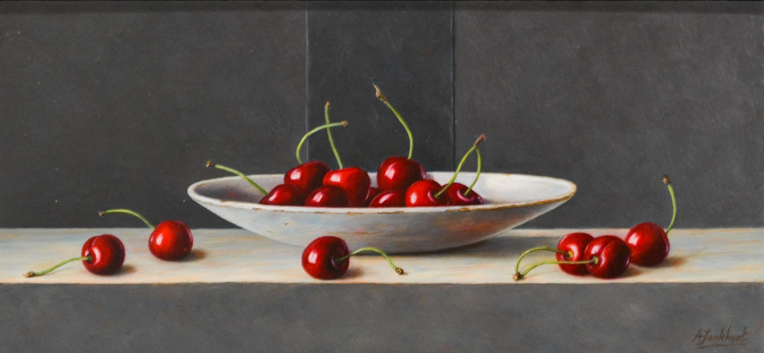 Annelies Jonkhart Still-Life Painting - Delfts White Plate with Cherries -21st Century Contemporary Still-life Painting