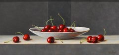 Delfts White Plate with Cherries -21st Century Contemporary Still-life Painting