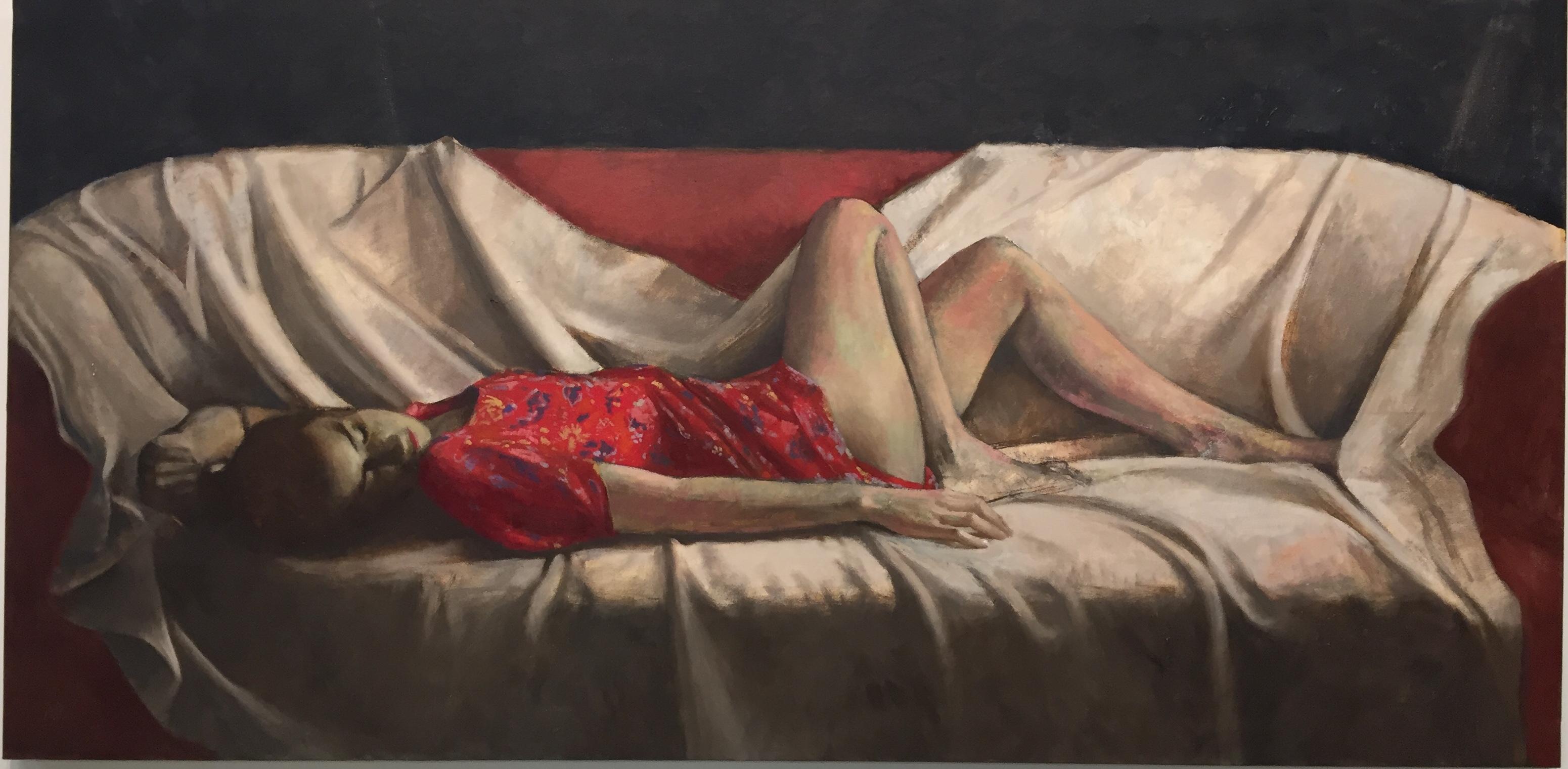 Adolfo Ramon Still-Life Painting - Peace- 21st Century Contemporary Figure Painting of a Woman lying on a Sofa