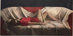 Peace - Peinture contemporaine de figure d'une femme couchée sur un canapé:: XXIe siècle