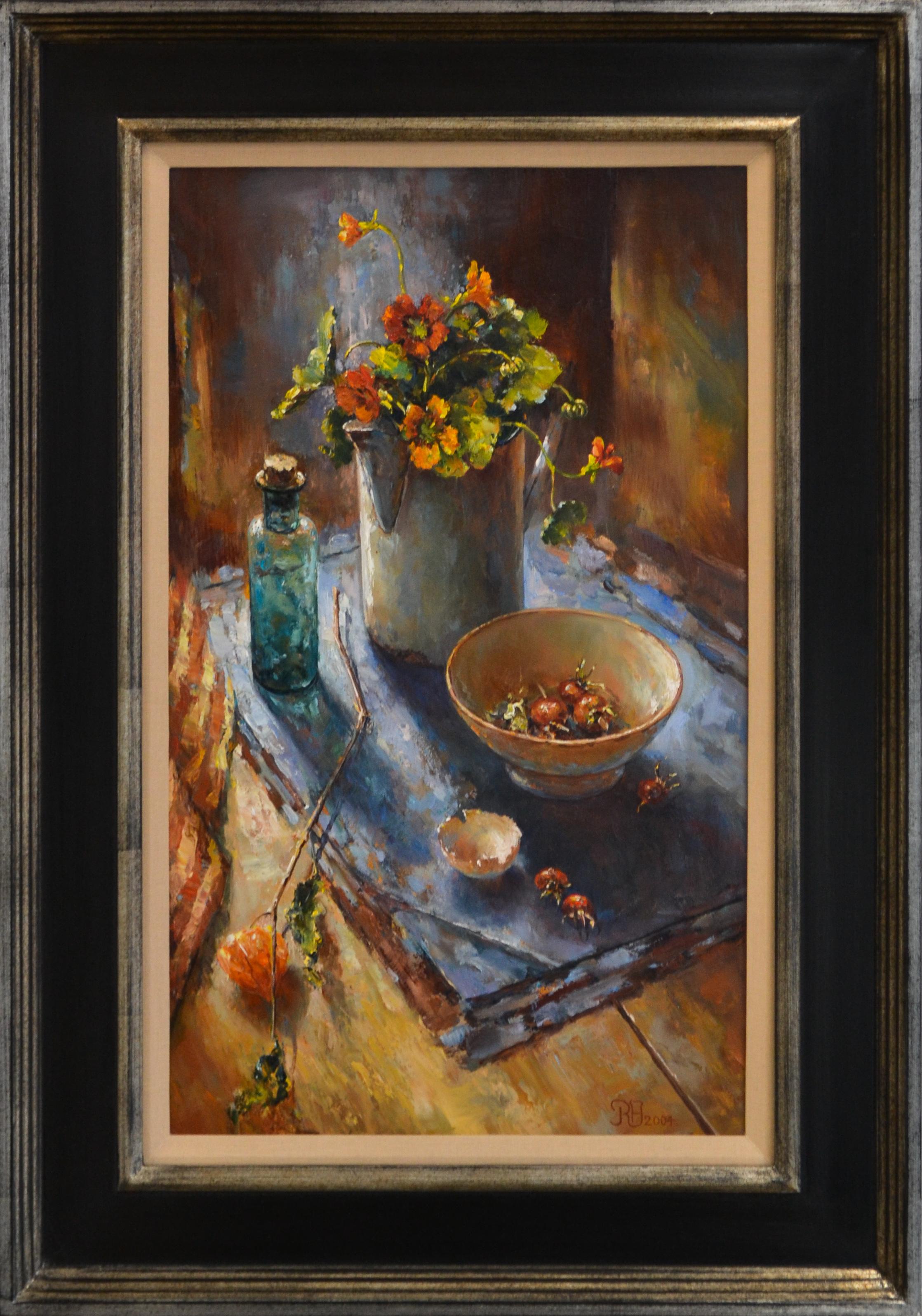 René Jansen Still-Life Painting - Floor Still-life with Nasturtium - 21st Century Contemporary Still-life Painting