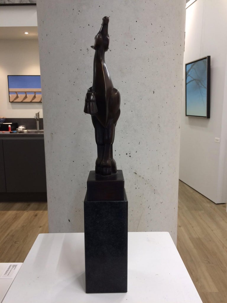 The hight of this bronze sculpture is 25 cm, with the pedestal of nature stone it measures 39 cm. 

About the artist: Frans van Straaten (1963) should be called an artist of balance always searching for harmony between force and movement in