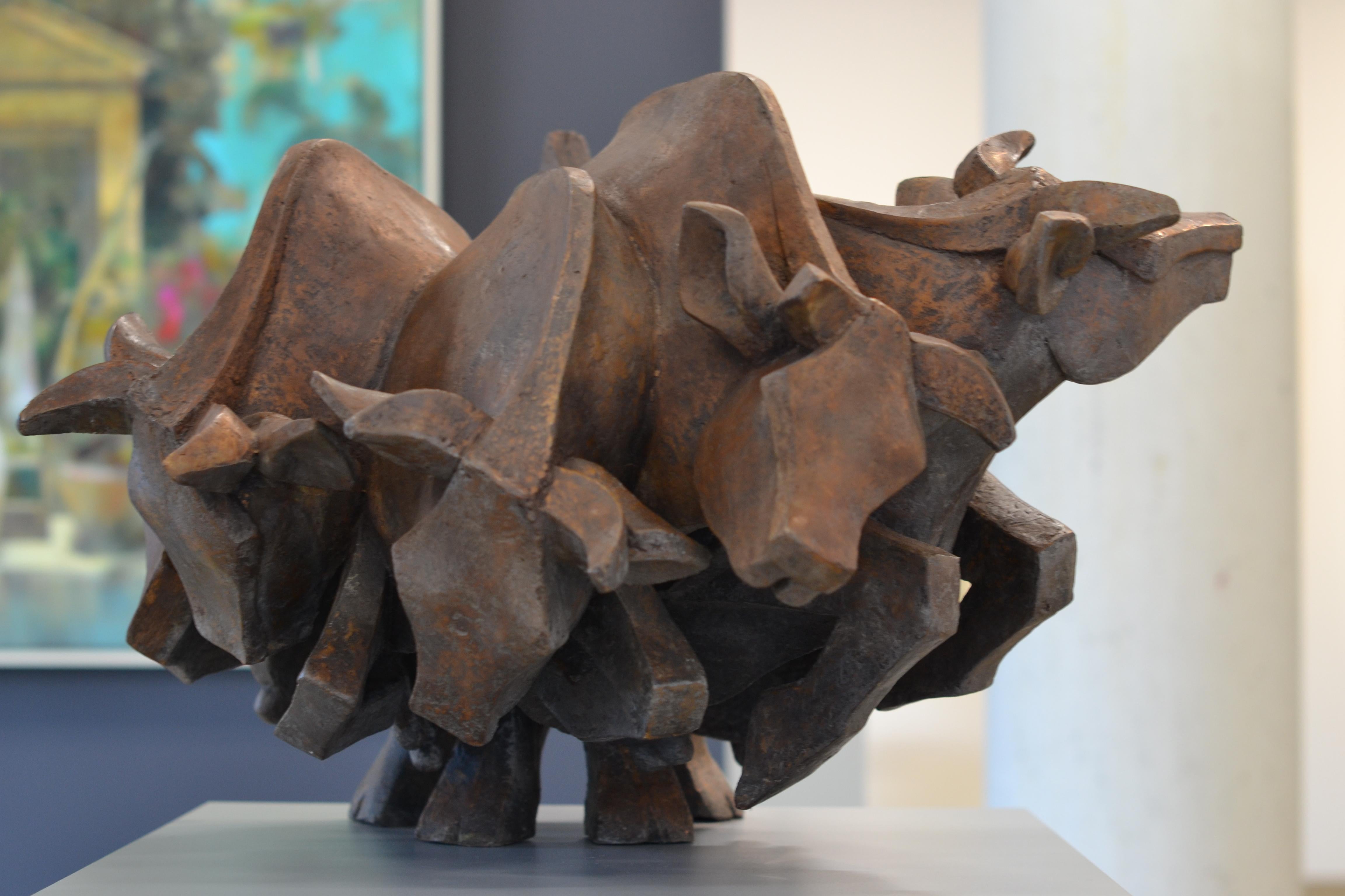 Antoinette Briet Abstract Sculpture - Free- 21st Century Contemporary Bronze Sculpture of a Herd of Cows Running Free
