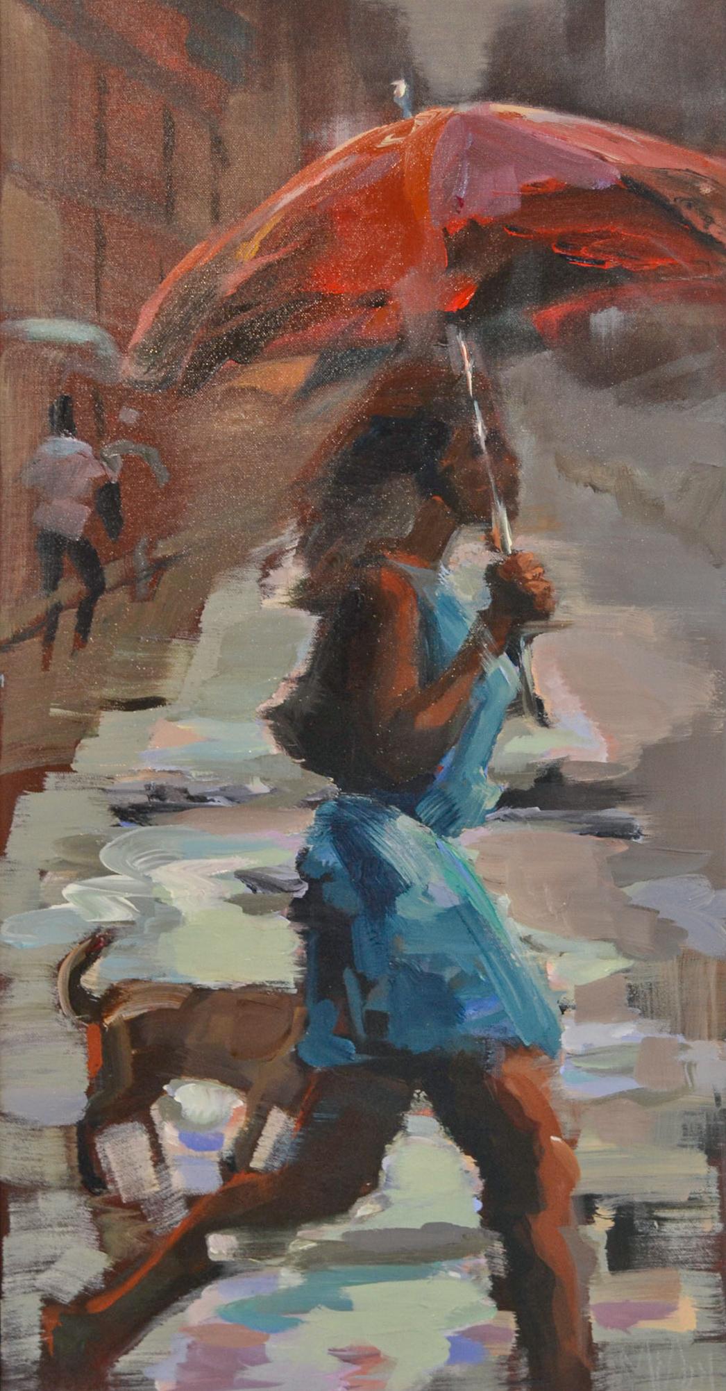 woman in rain painting
