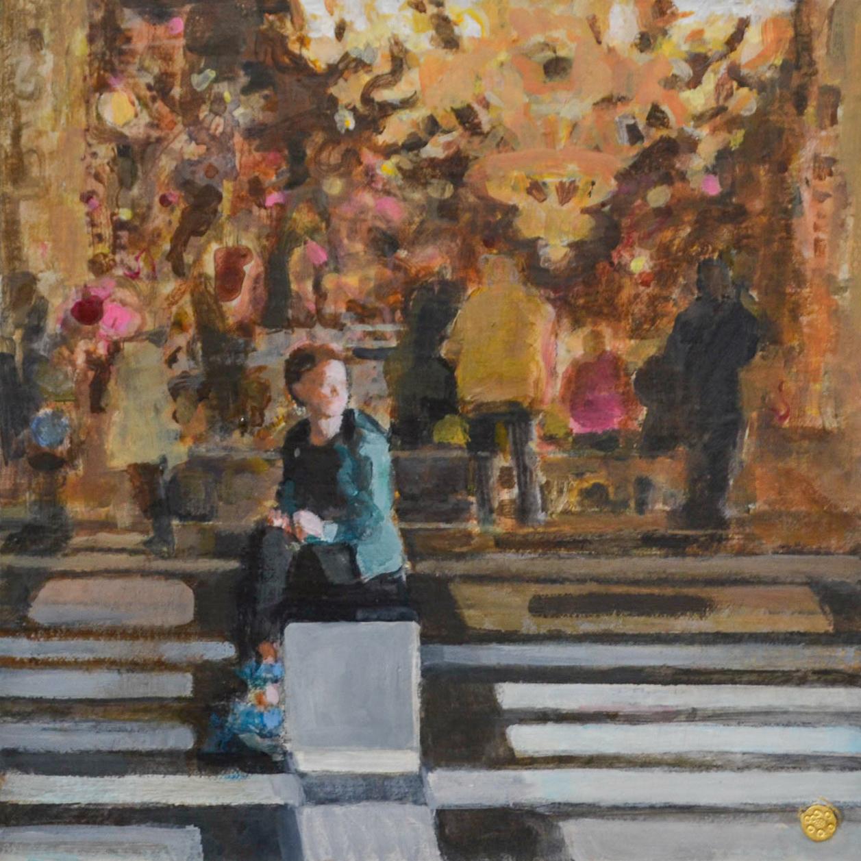 Sylvia Van Opstall Figurative Painting - View on Copenhagen-21st Century Contemporary Painting of a Girl watching 