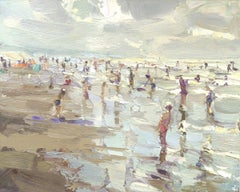 Seascape, Lots of People - 21st Century Seascape Painting of the Dutch Coast
