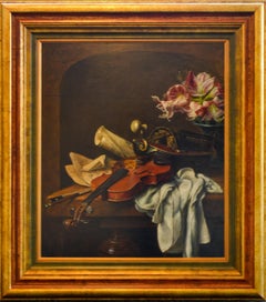 Violin and Flowers - Classic Style Oil Painting by Cornelis Le Mair