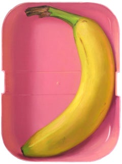 Banana in lunchbox- 21st Century Contemporary Still-life Painting of a banana