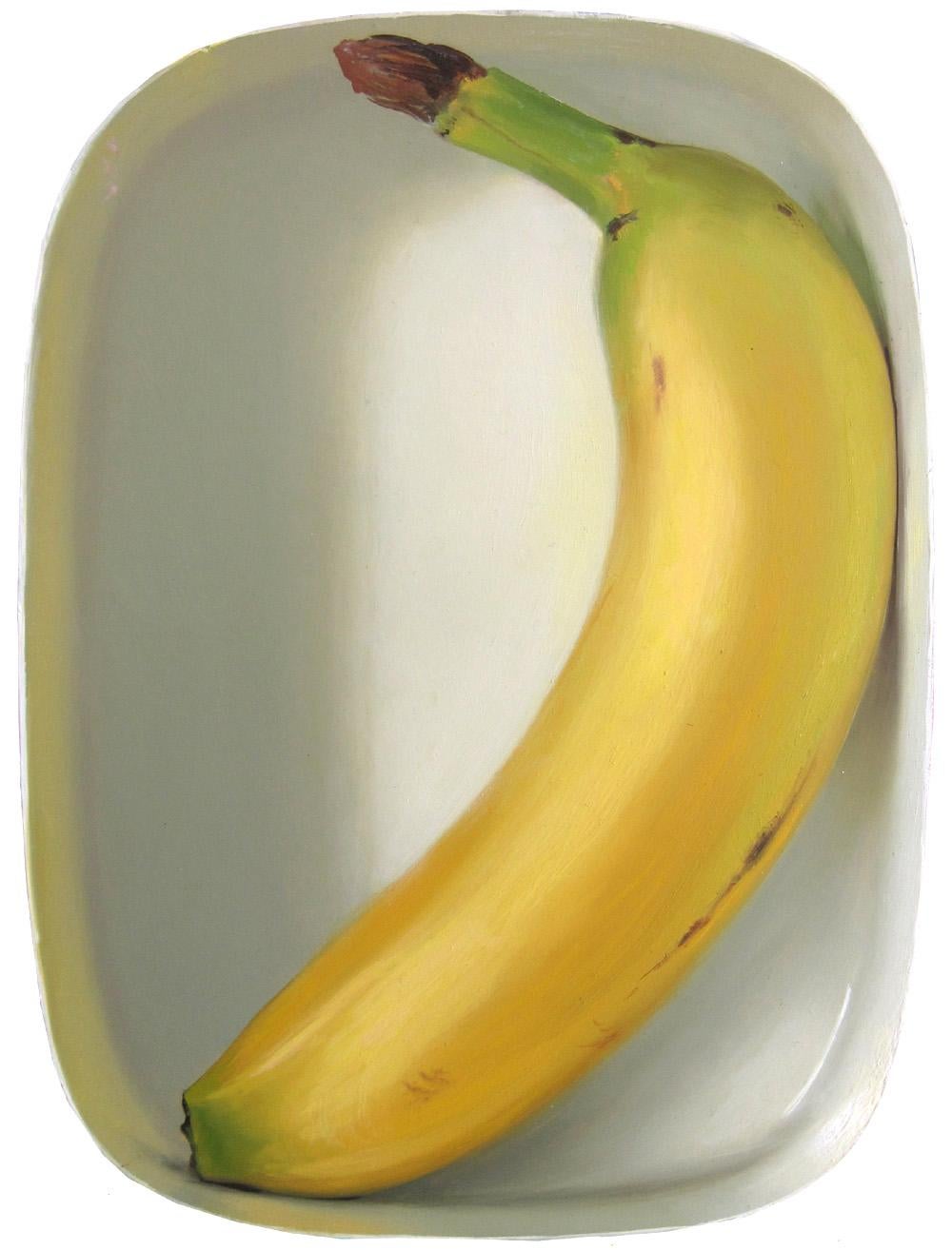 Rutger Hiemstra Figurative Painting - Banana in lunchbox- 21st Century Contemporary Still-life Painting of a banana