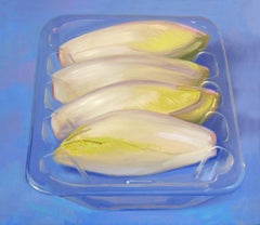 Chicory- 21st Century Contemporary Still-life Painting of vegetables in plastic