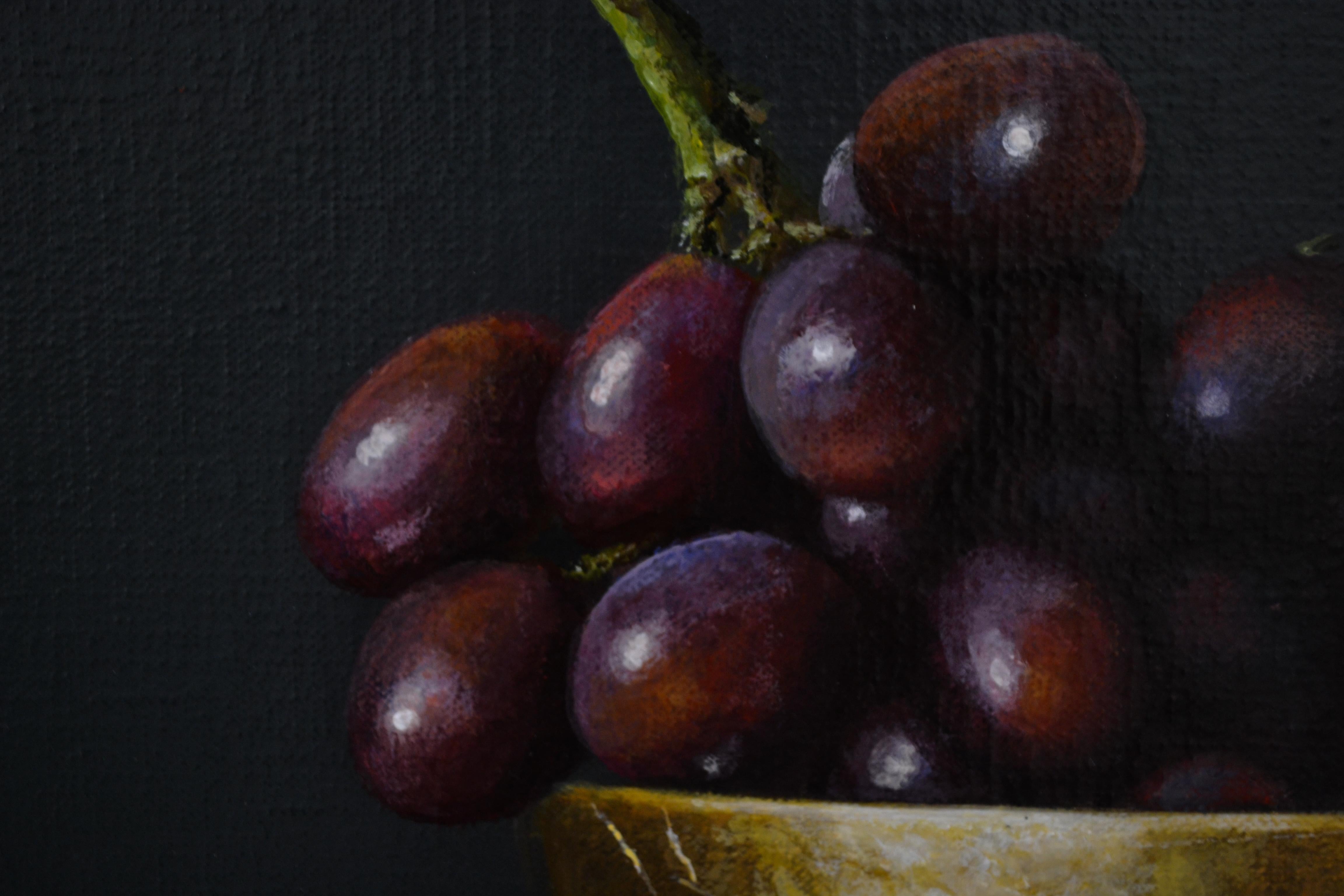 Red Grapes In Gold Bowl, Contemporary Acrylic Still-Life by Heidi Von Faber - Painting by Heidi von Faber