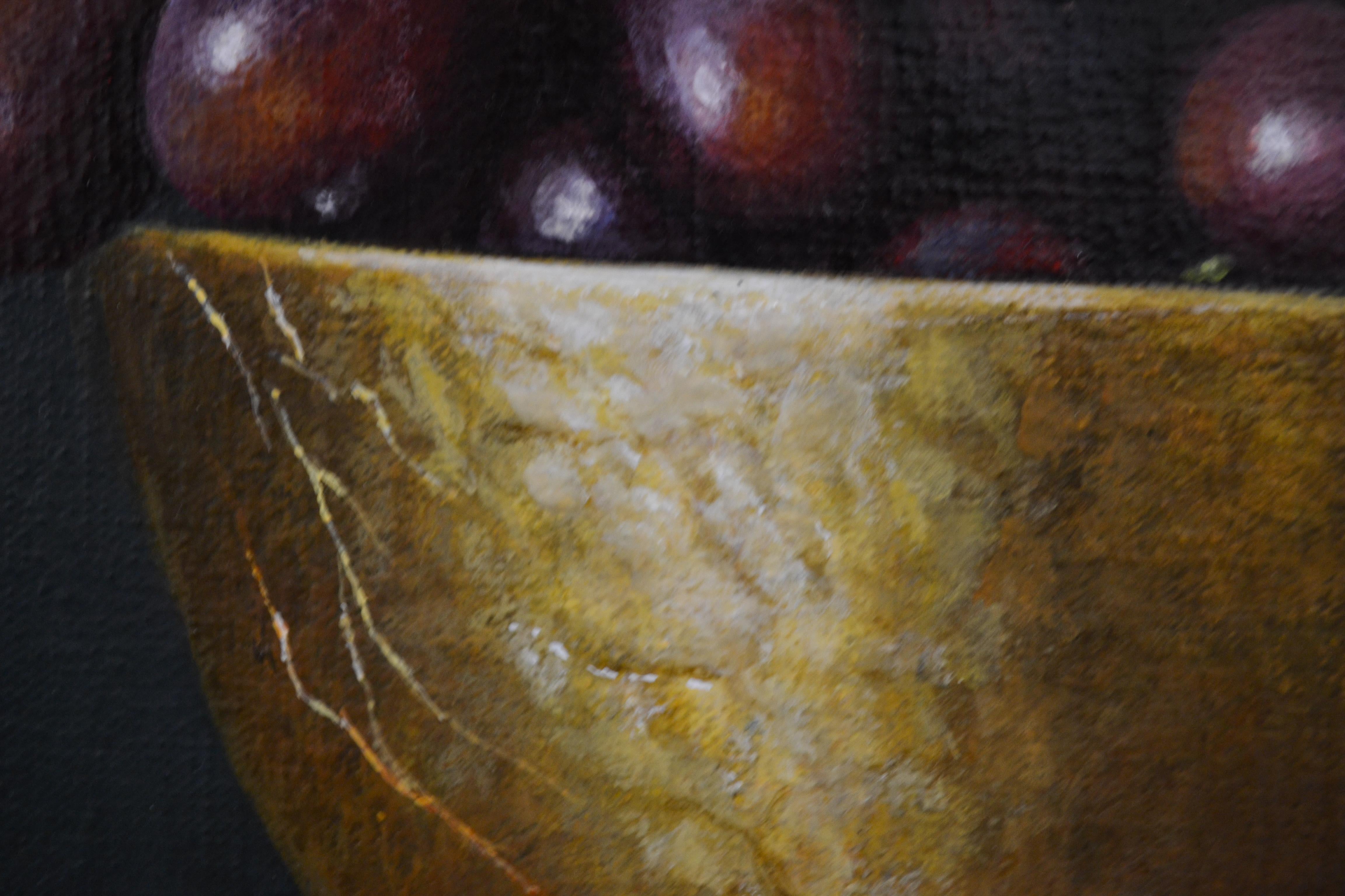 Red Grapes In Gold Bowl, Contemporary Acrylic Still-Life by Heidi Von Faber 1