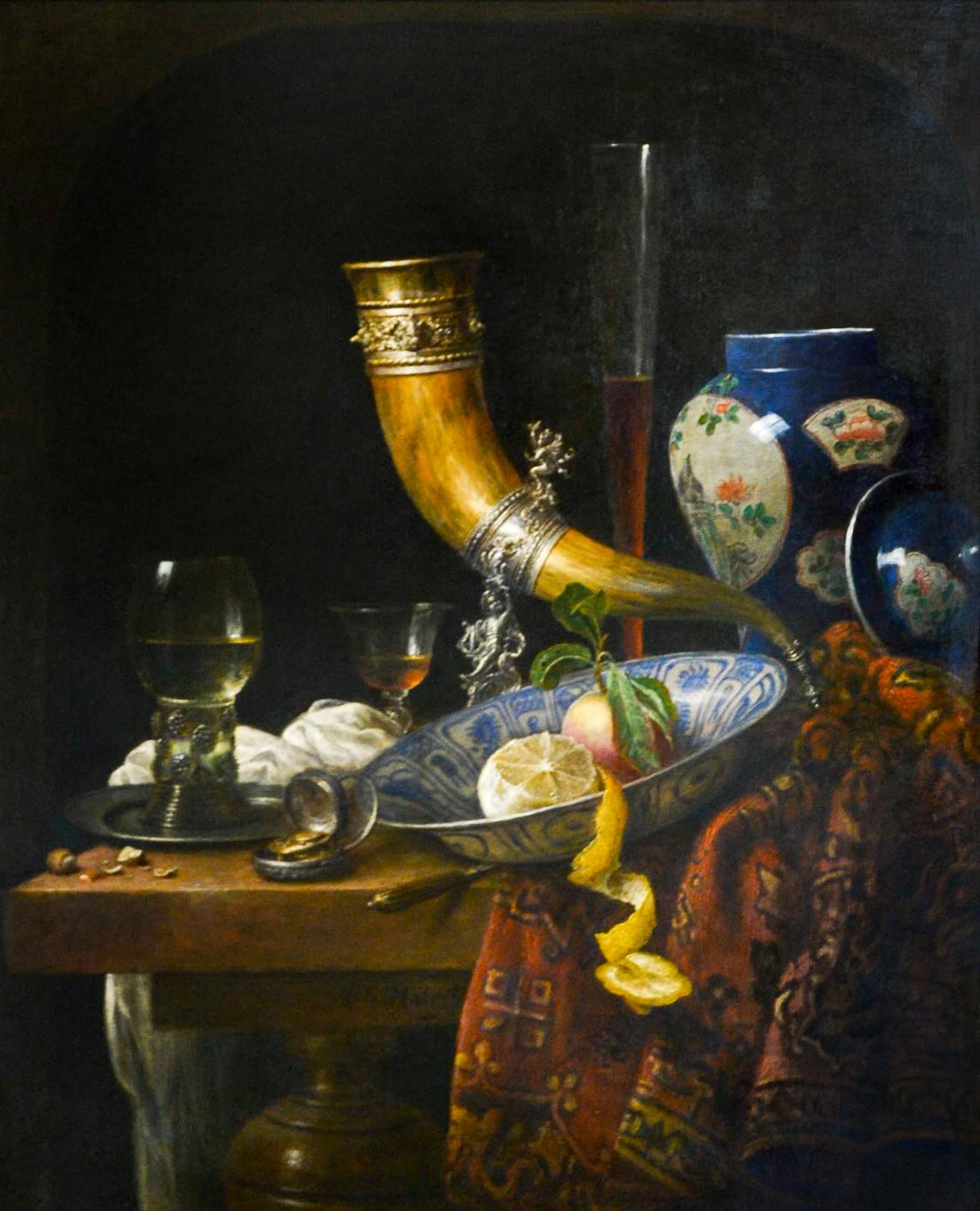 Still-Life with Ornamental Horn, Blue-White Chinese Vase and Rummer - Le Mair - Contemporary Painting by Cornelis Le Mair