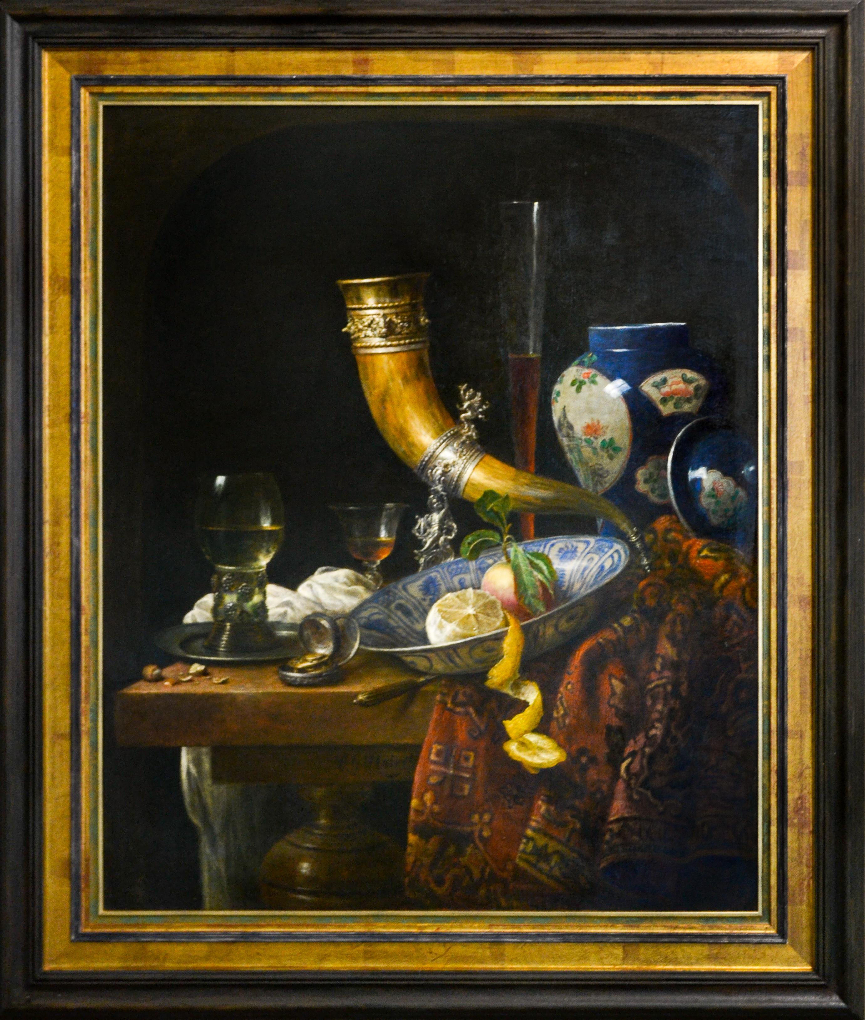 Still-Life with Ornamental Horn, Blue-White Chinese Vase and Rummer - Le Mair - Painting by Cornelis Le Mair