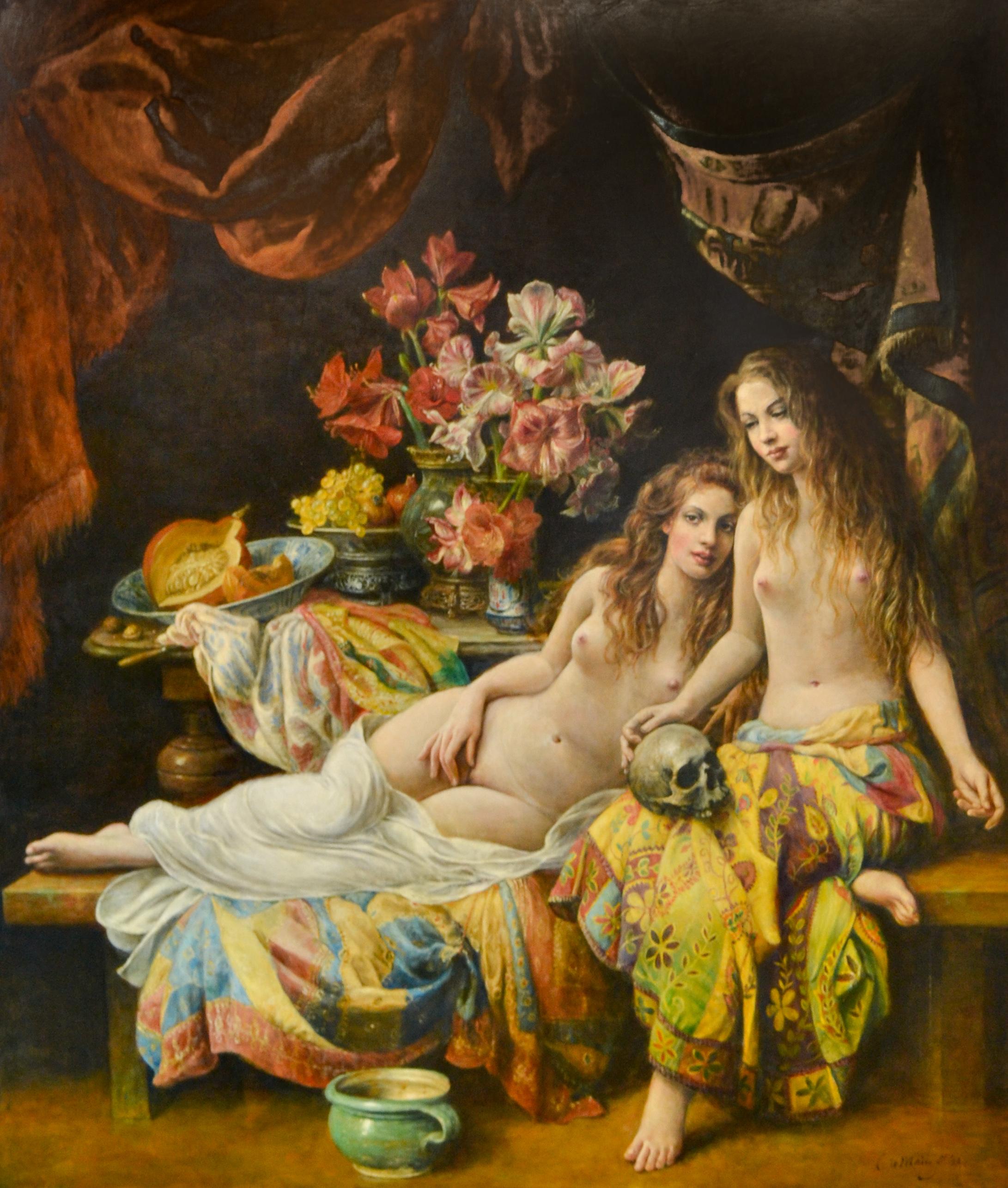 Zwei nackte Frauen auf ihrem Sofa sitzend- 21. Jahrhundert Zeitgenössische Ölmalerei
