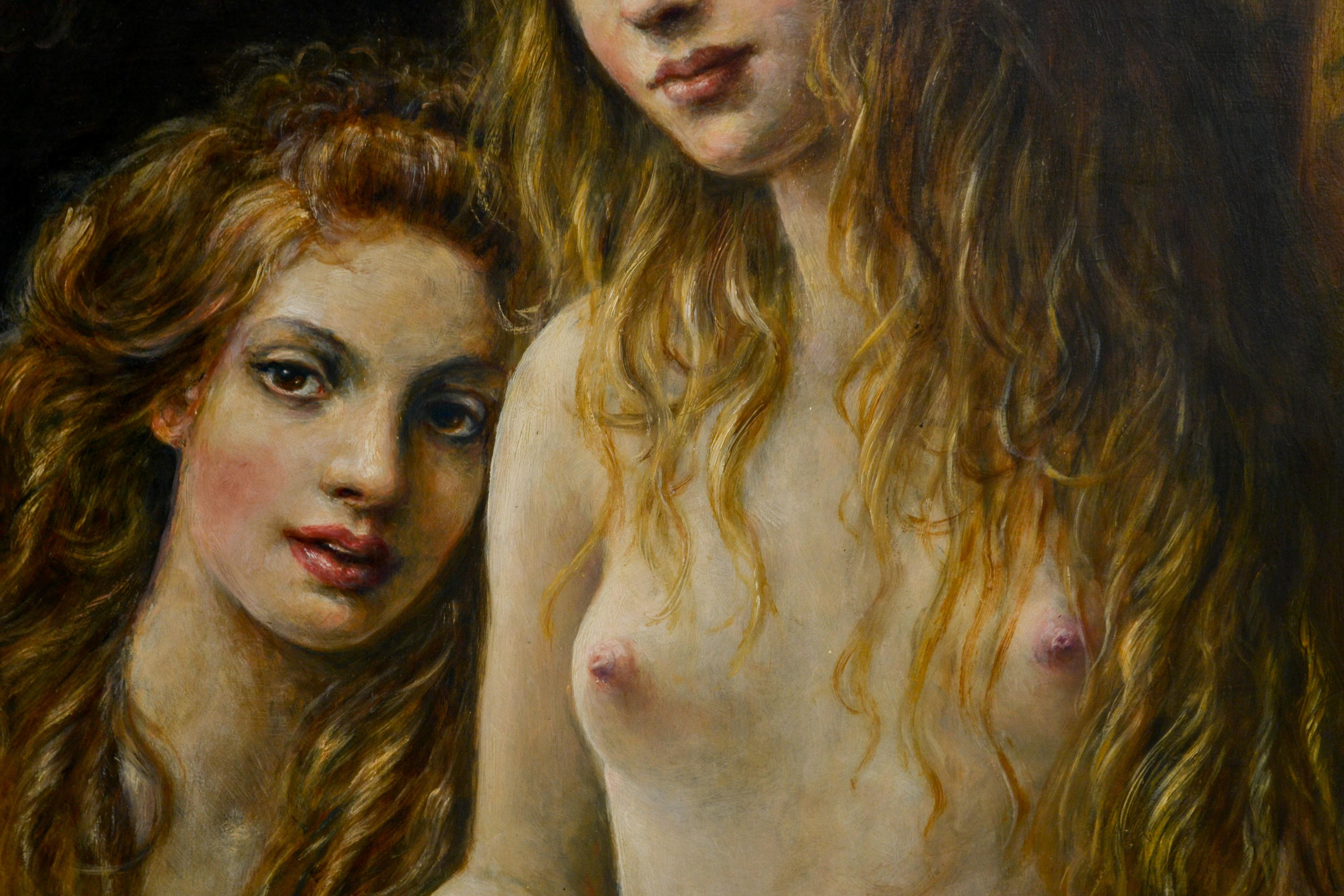 Two nude woman sitting on their sofa- 21st Century Contemporary Oil Painting For Sale 6