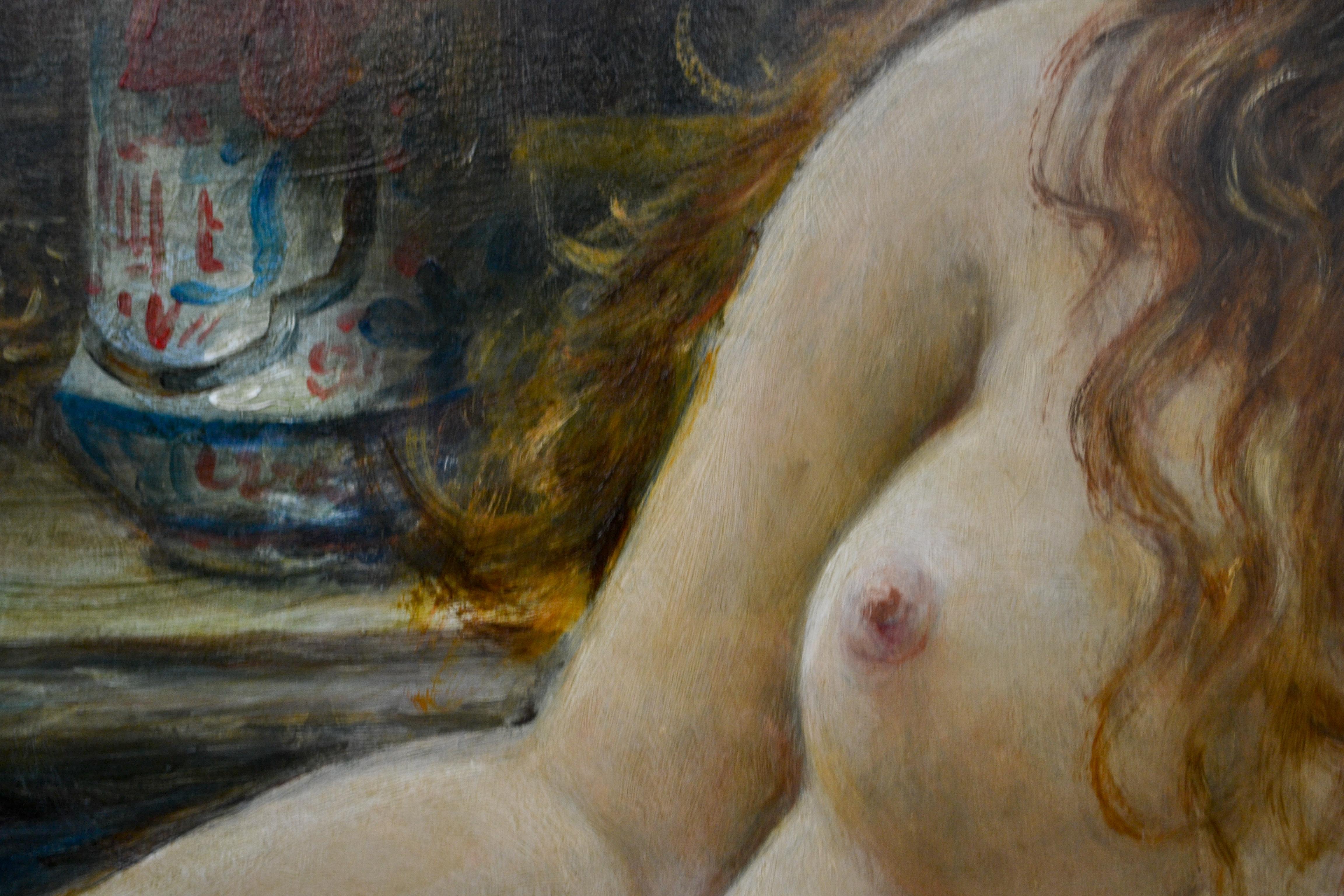 Two nude woman sitting on their sofa- 21st Century Contemporary Oil Painting For Sale 8
