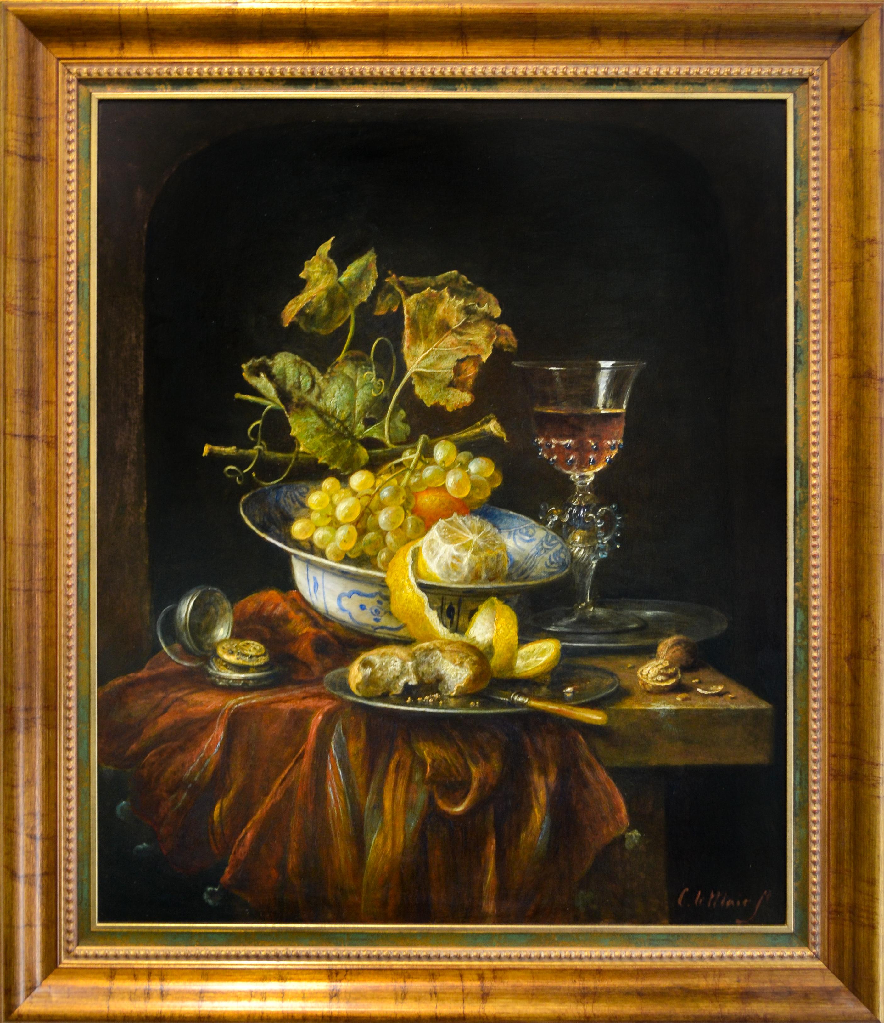 Venetian Glass with Lemon, Silver Beans, Delfts Blue Bowl and Pocket Watch - Painting by Cornelis Le Mair