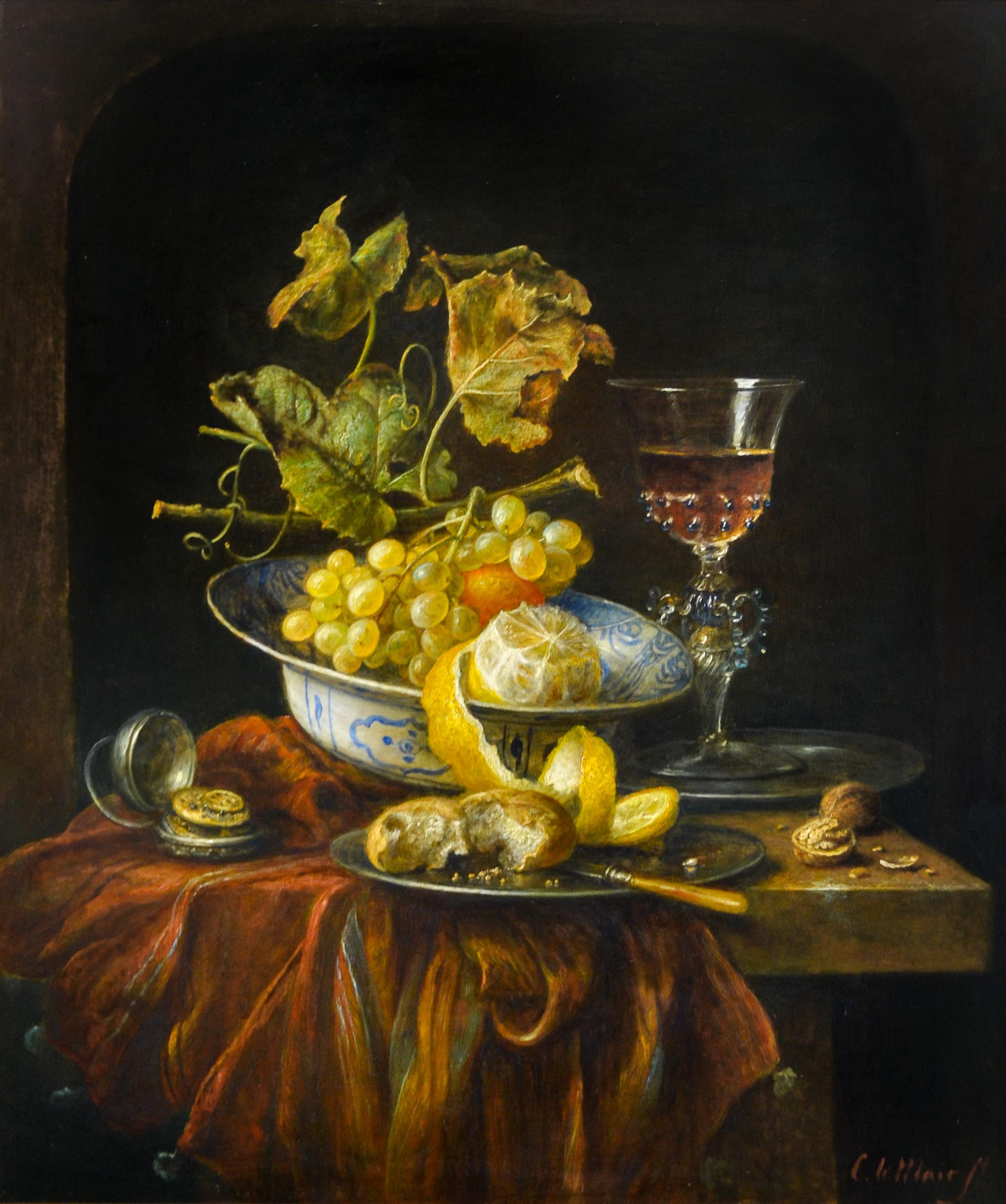 Cornelis Le Mair Still-Life Painting - Venetian Glass with Lemon, Silver Beans, Delfts Blue Bowl and Pocket Watch