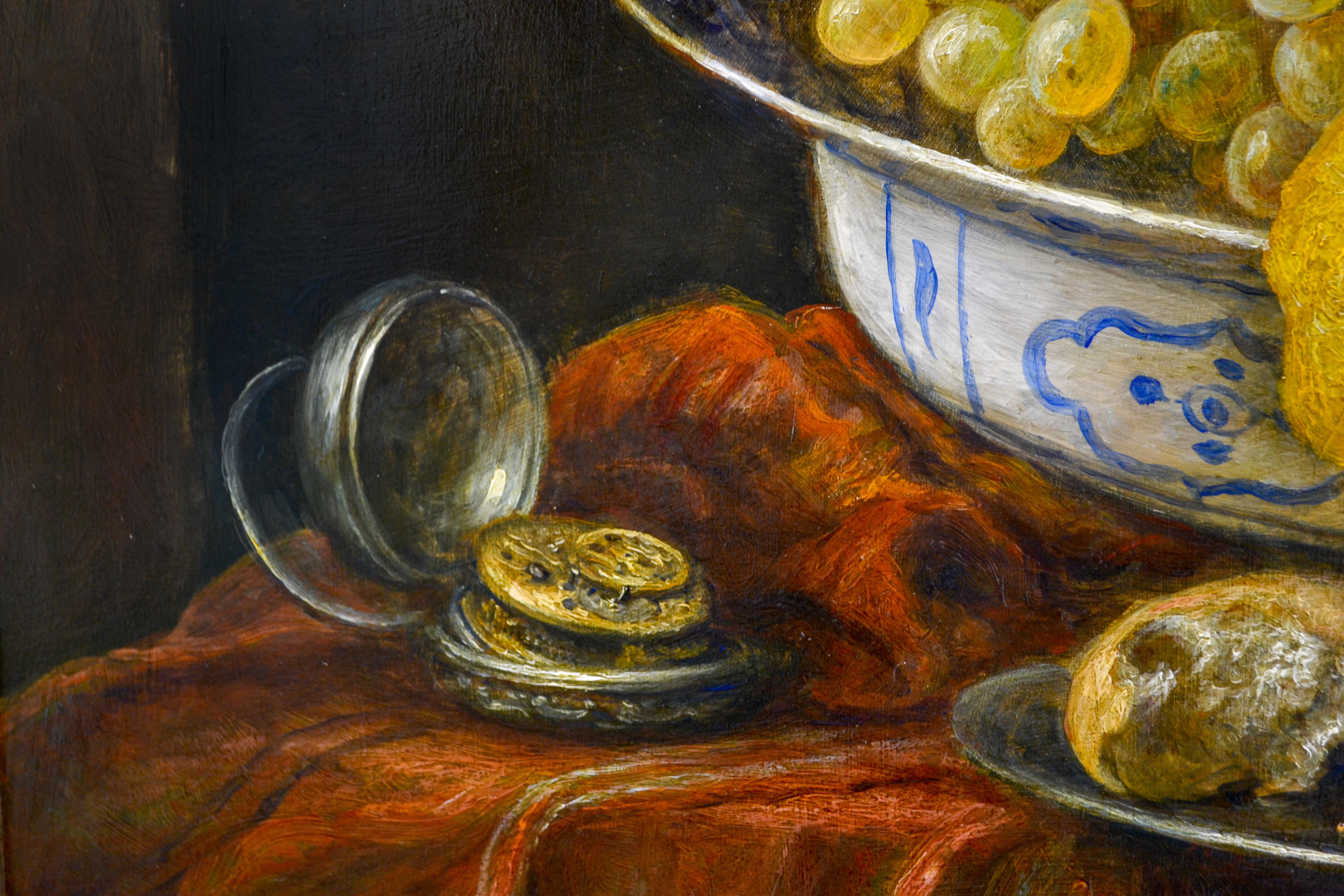 Venetian Glass with Lemon, Silver Beans, Delfts Blue Bowl and Pocket Watch - Contemporary Painting by Cornelis Le Mair