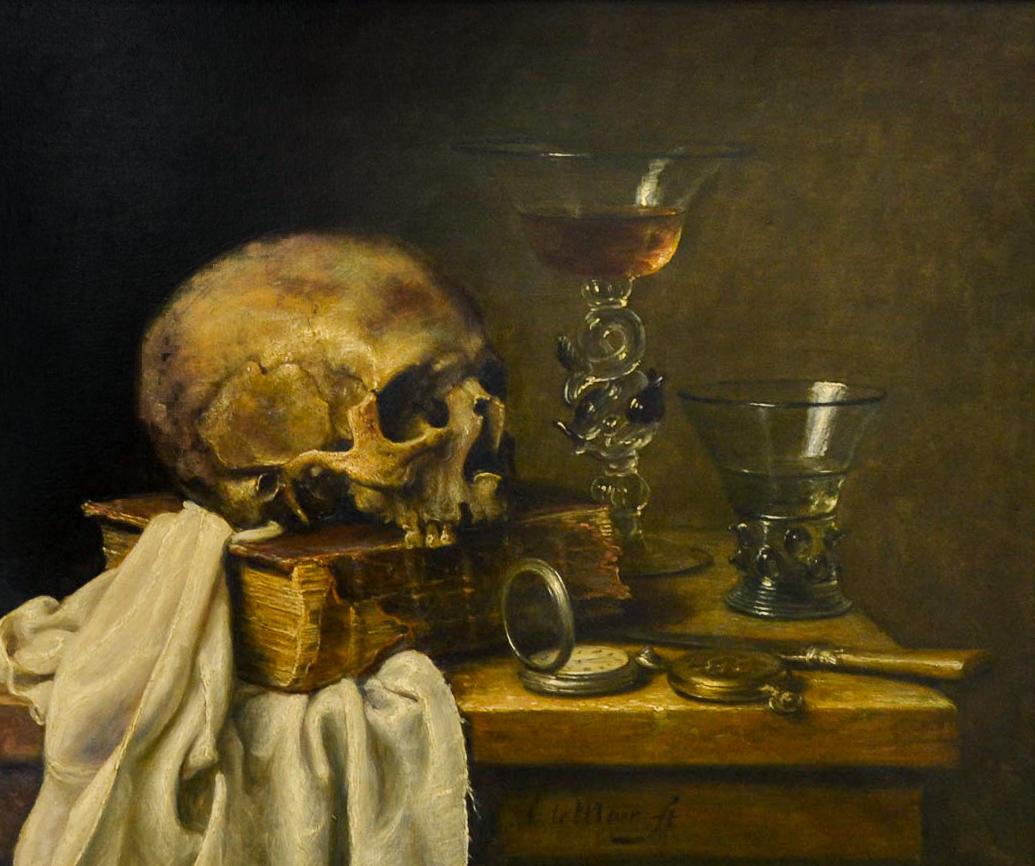 Cornelis Le Mair Still-Life Painting - Skull with Book, Venetian Glass, Rummer, Knife and Pocket Watch Dutch Still-Life