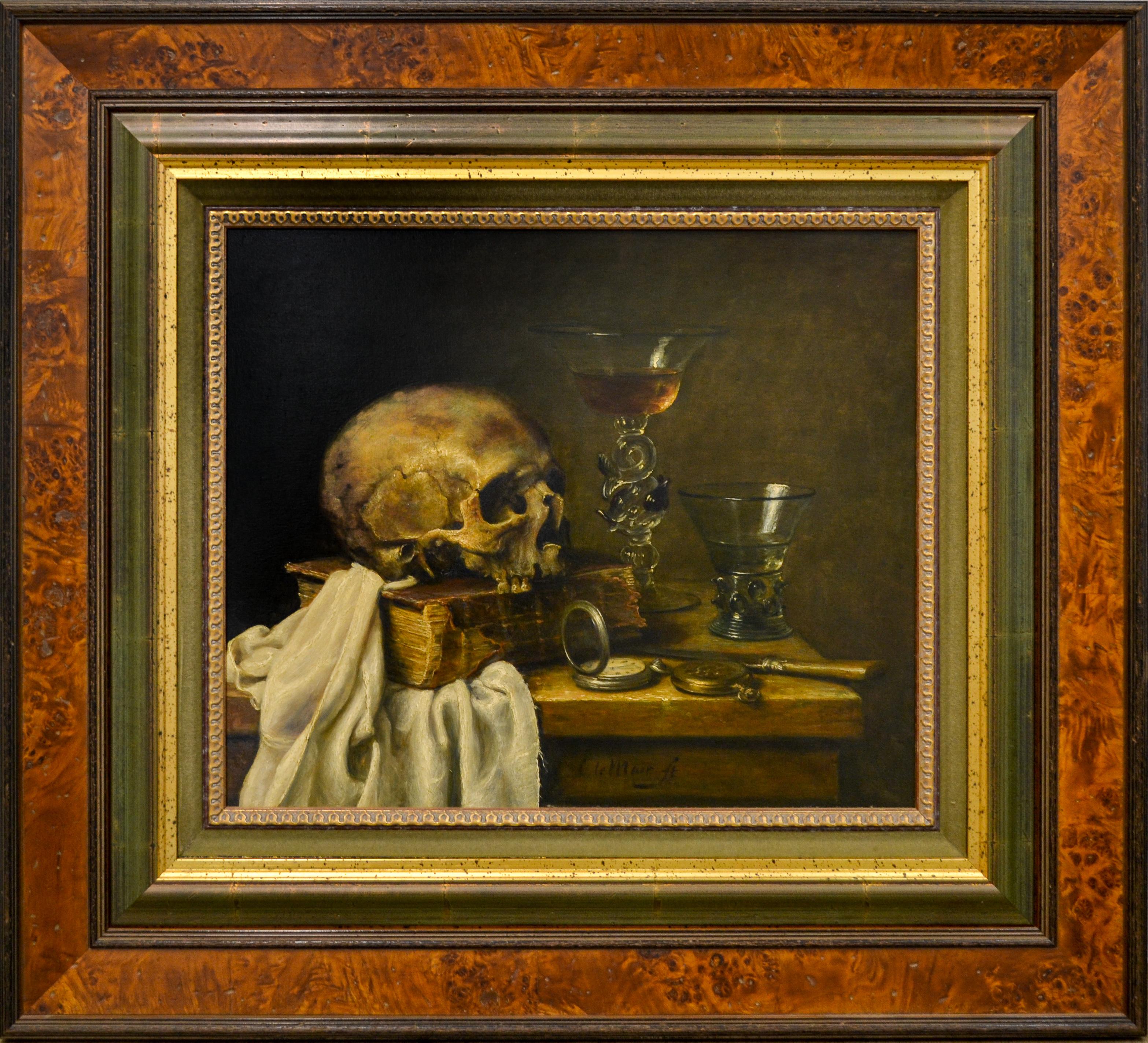 Skull with Book, Venetian Glass, Rummer, Knife and Pocket Watch Dutch Still-Life - Painting by Cornelis Le Mair