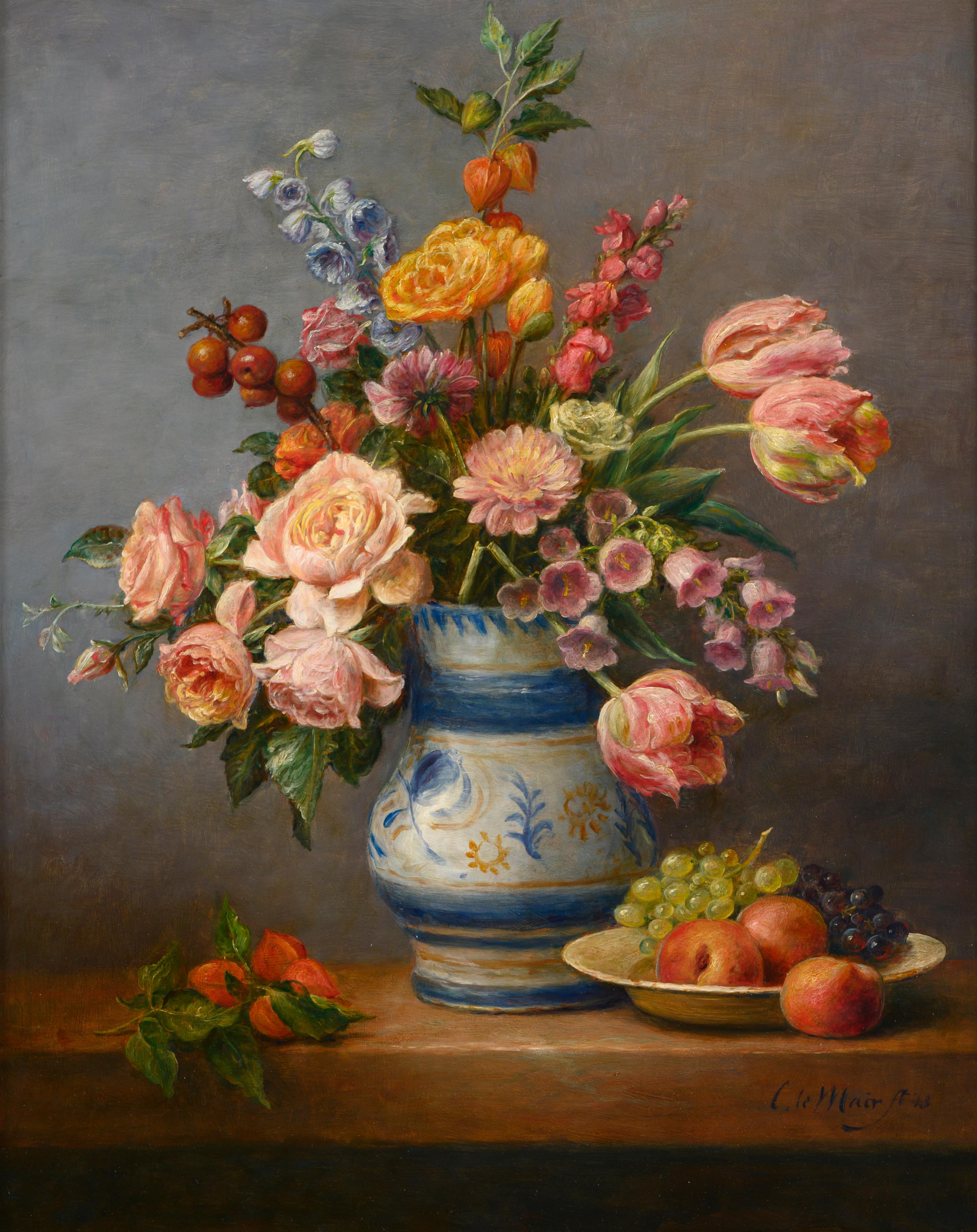 Cornelis Le Mair Still-Life Painting - Flower still life with roses and tulips -21st Century Flower Still-life Painting