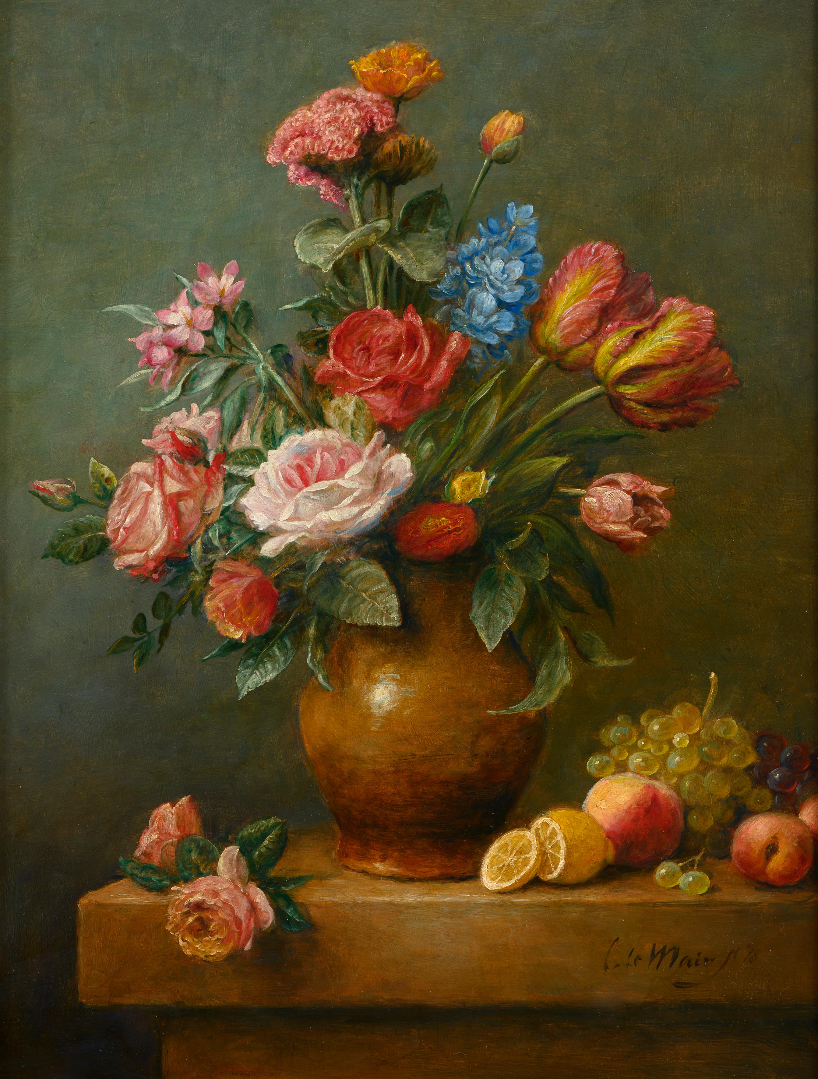 Cornelis Le Mair Figurative Painting - Flower still life with roses, tulips in yellow vase- 21st Century  Painting