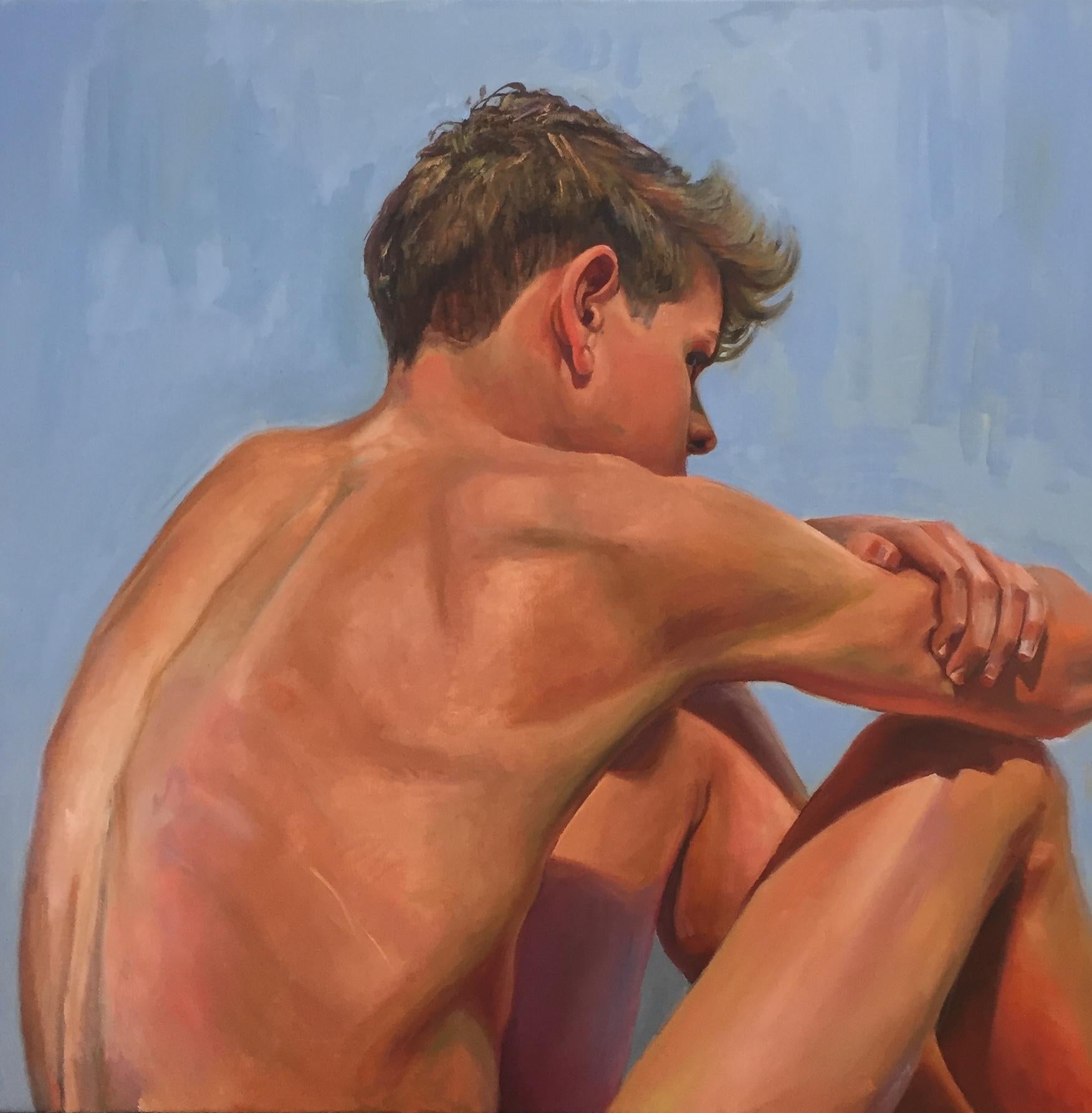 David van der Linden Figurative Painting - Boys keep Swinging III-21st Century Painting of a sitting nude boy