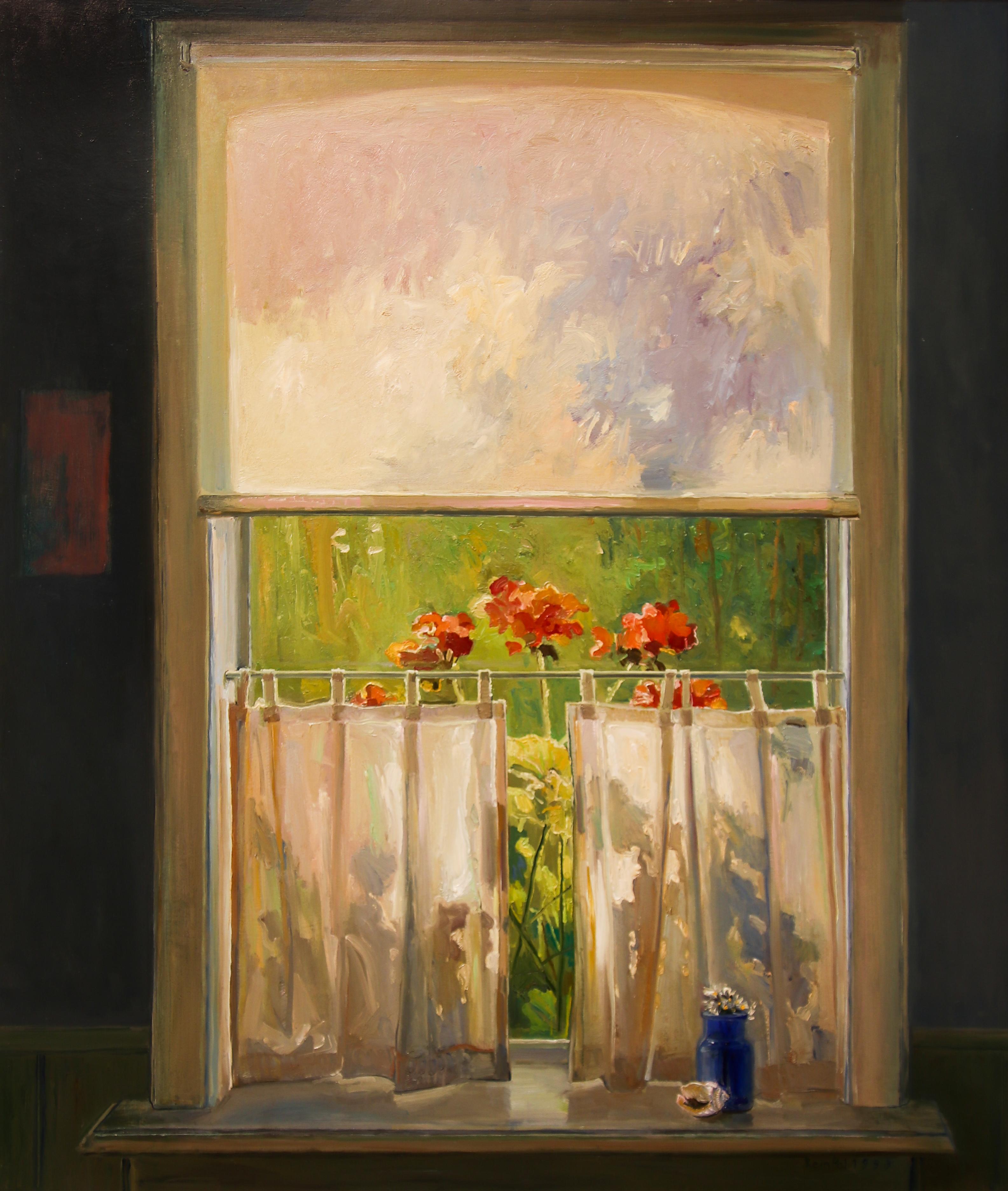 Rein Pol Figurative Painting - Blue Vase In Window Lighting - 21st Century Contemporary Dutch Oil Painting 