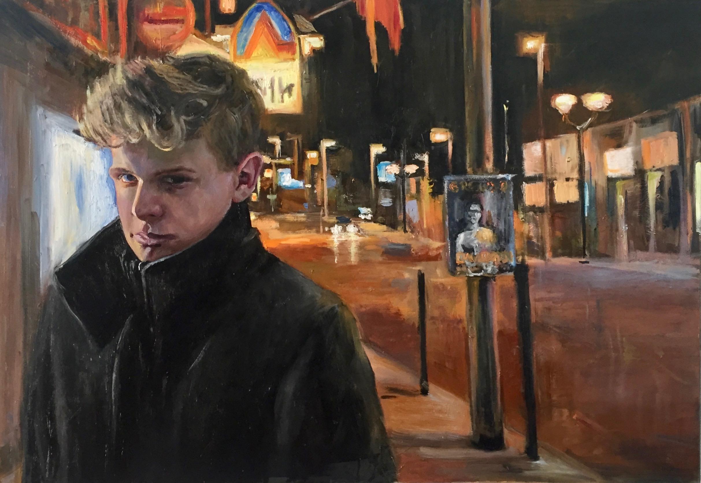 David van der Linden Portrait Painting - Golden Years, 21st-Century Dutch Contemporary Oil Painting of a Boy in the Night