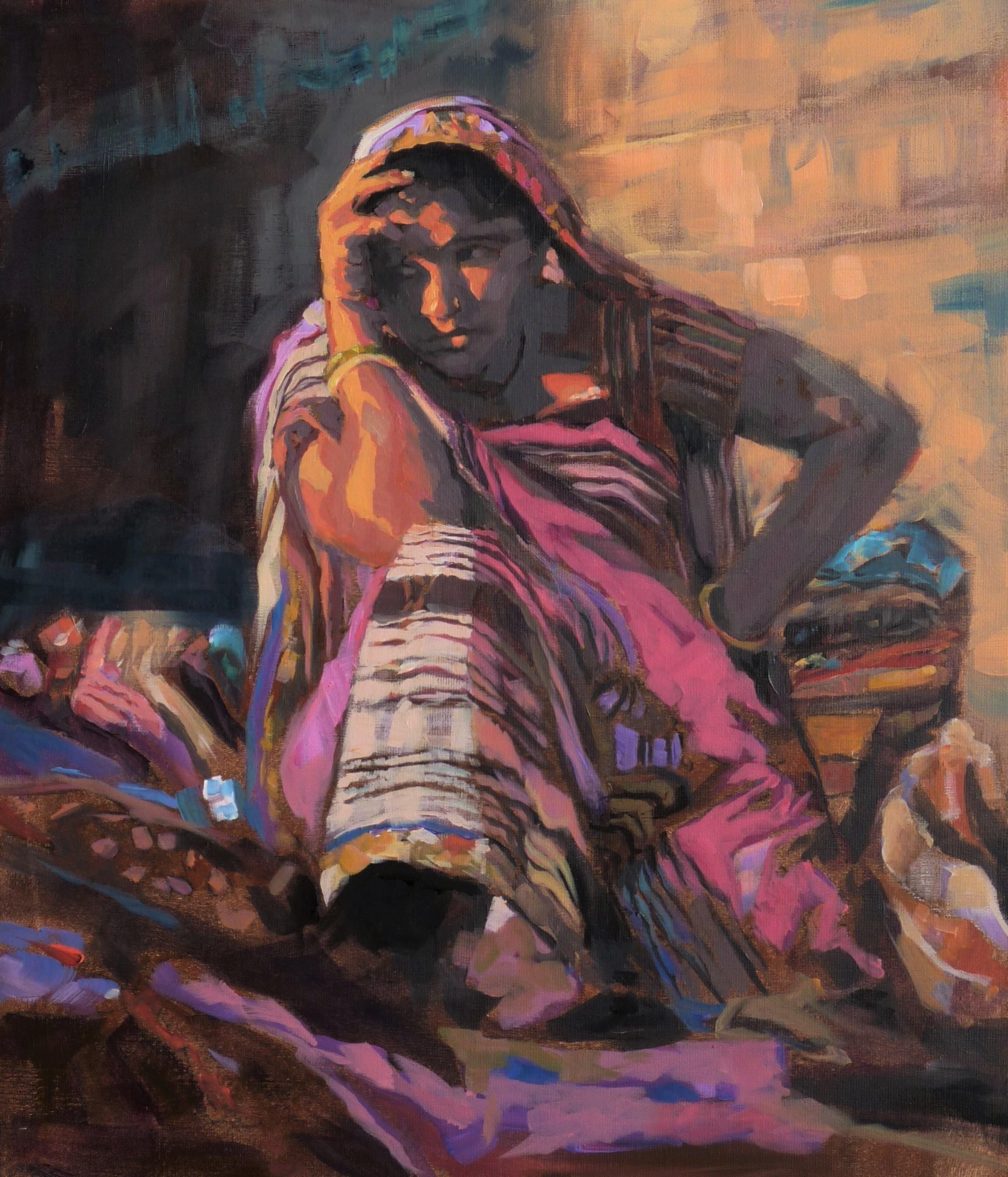 Magenta- 21st Century Painting of a colorful woman in India