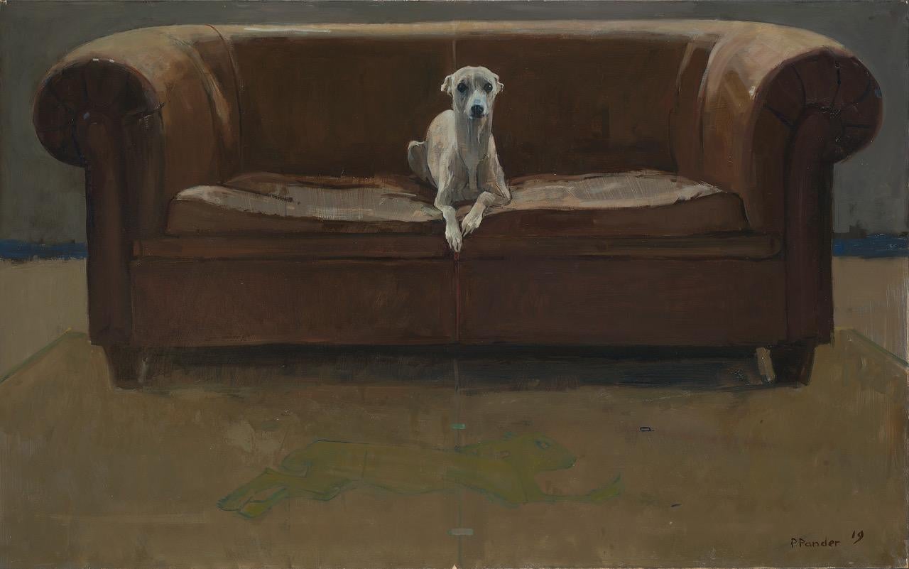 Pieter Pander Figurative Painting - Green Hase- 2ist Century Dutch Painting of a Dog on a sofa