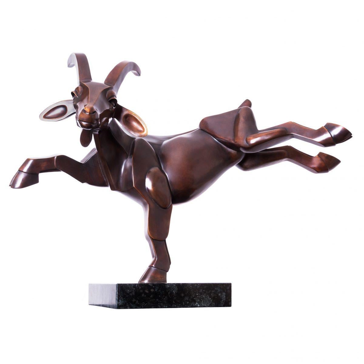 Goat- 21st Century Dutch Bronze Sculpture of a happy Goat