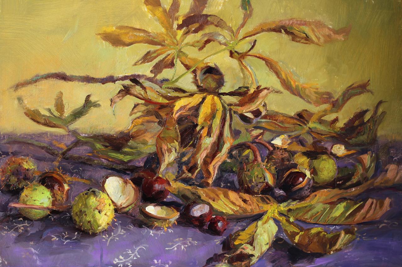 Anna Maria Vargiu Figurative Painting - Chestnuts- 21st century Dutch Still-life painting of Autumn chestnuts